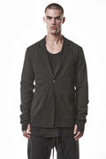 Thom Krom, Mens Blazer, Black, Shoulder Rib Patch, Thumbholes, 100% Cotton, Spandex, One Button, Thom Krom Button, Bellows Pockets, Long Sleeves, Regular Fit, Front Portrait View. 