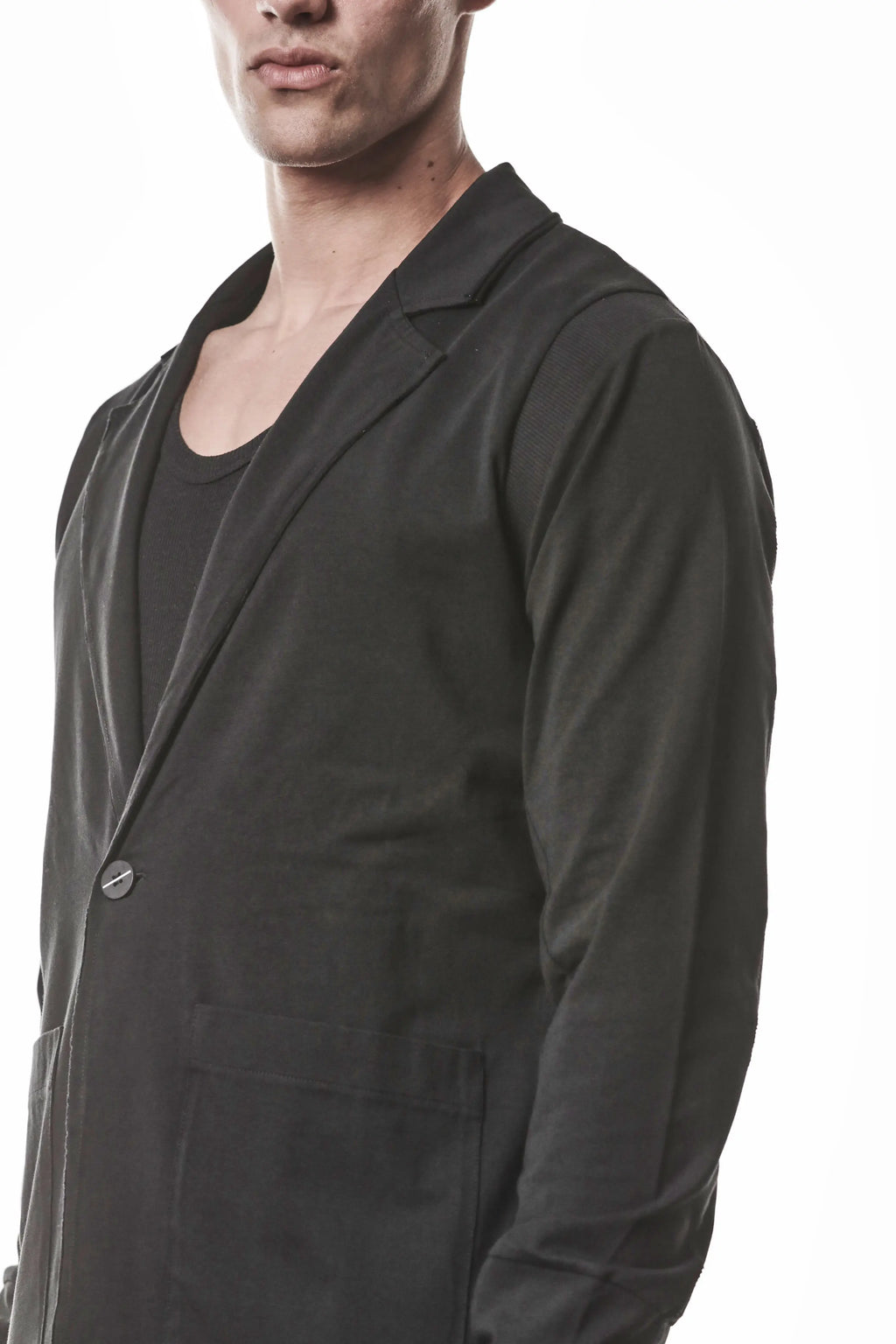 Thom Krom, Mens Blazer, Black, Shoulder Rib Patch, Thumbholes, 100% Cotton, Spandex, One Button, Thom Krom Button, Bellows Pockets, Long Sleeves, Regular Fit, Shoulder Fit View. 