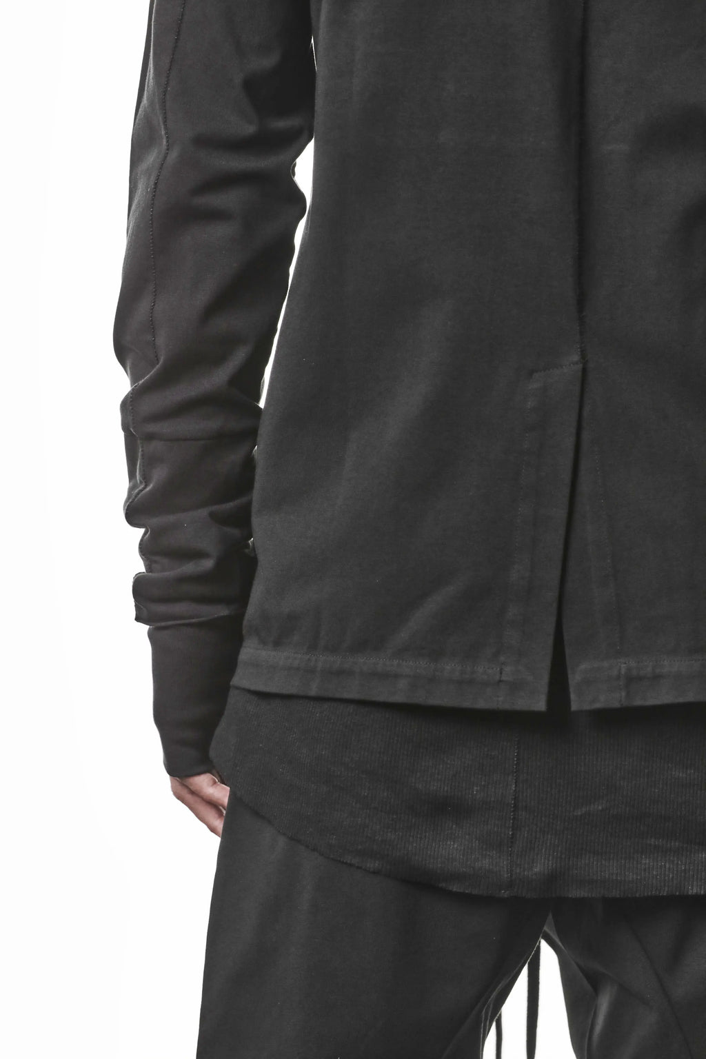 Thom Krom, Mens Blazer, Black, Shoulder Rib Patch, Thumbholes, 100% Cotton, Spandex, One Button, Thom Krom Button, Bellows Pockets, Long Sleeves, Regular Fit, Garment Length Showcase. 