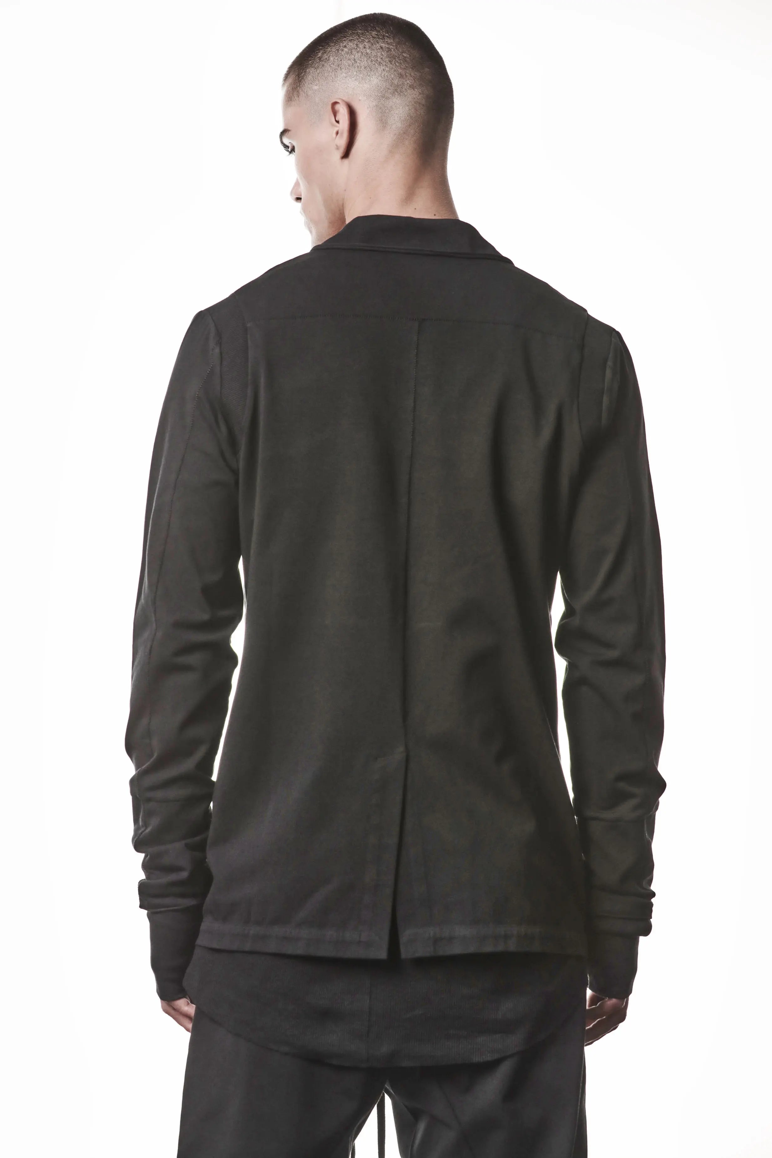 Thom Krom, Mens Blazer, Black, Shoulder Rib Patch, Thumbholes, 100% Cotton, Spandex, One Button, Thom Krom Button, Bellows Pockets, Long Sleeves, Regular Fit, Back Portrait. 