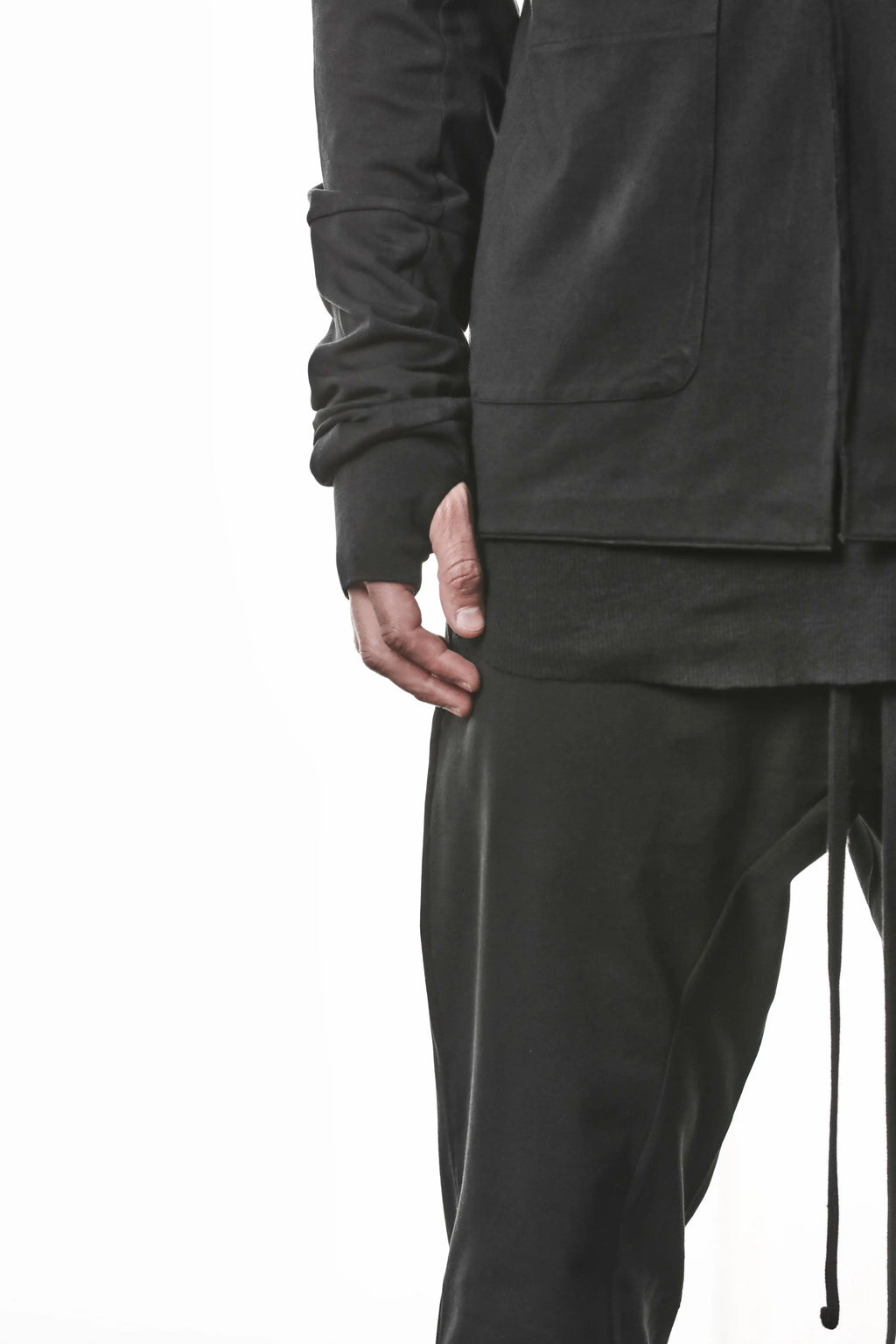 Thom Krom, Mens Blazer, Black, Shoulder Rib Patch, Thumbholes, 100% Cotton, Spandex, One Button, Thom Krom Button, Bellows Pockets, Long Sleeves, Regular Fit, Sleeve Thumbhole Showcase. 