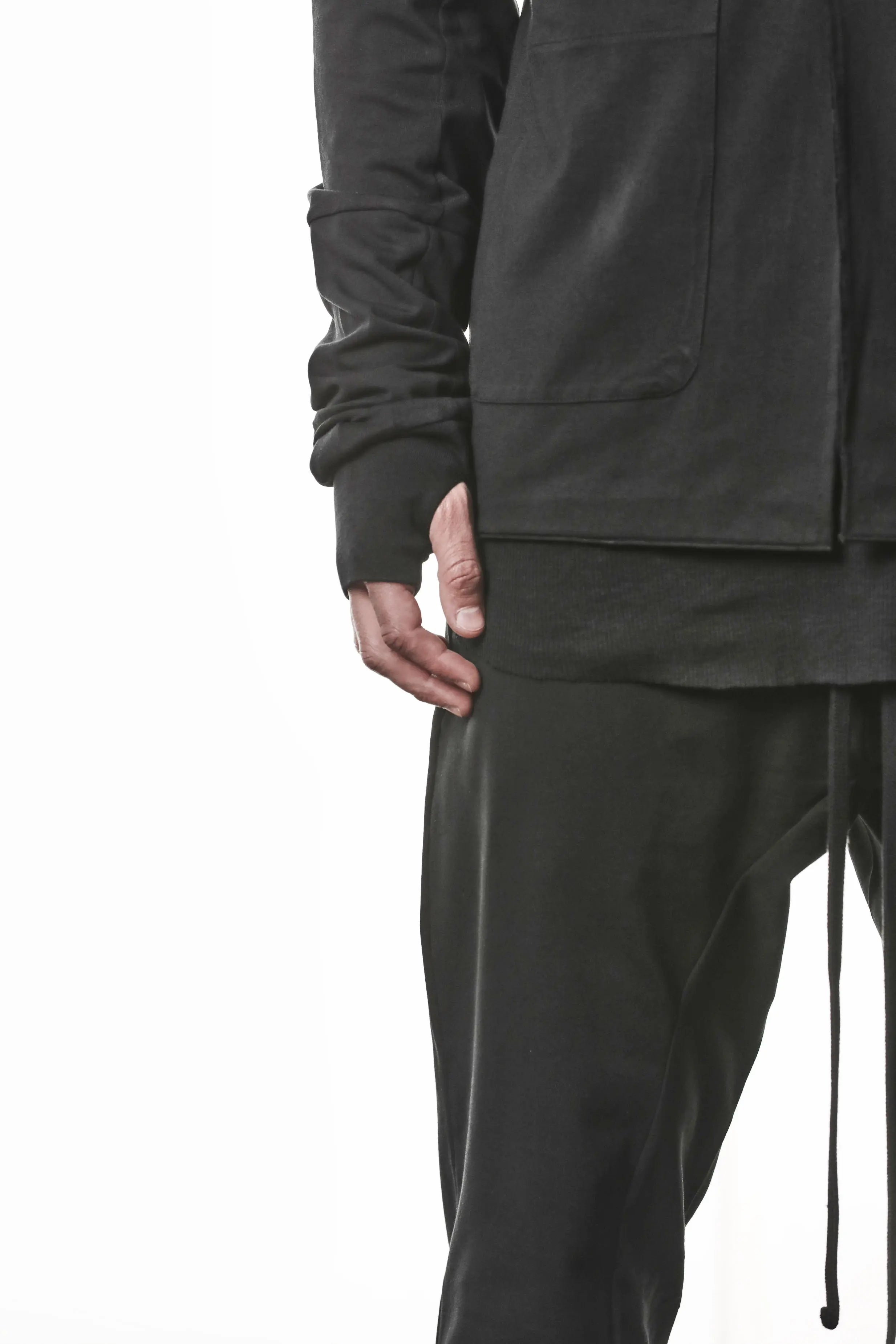 Thom Krom, Mens Blazer, Black, Shoulder Rib Patch, Thumbholes, 100% Cotton, Spandex, One Button, Thom Krom Button, Bellows Pockets, Long Sleeves, Regular Fit, Sleeve Thumbhole Showcase. 
