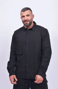 Thom Krom, Mens Shirt, Black, Patched Pocket, Back Details, Collar, Hidden Placket, Long Sleeves, Cotton, Elastane, Stretch, Washed Cotton, Front Portrait. 