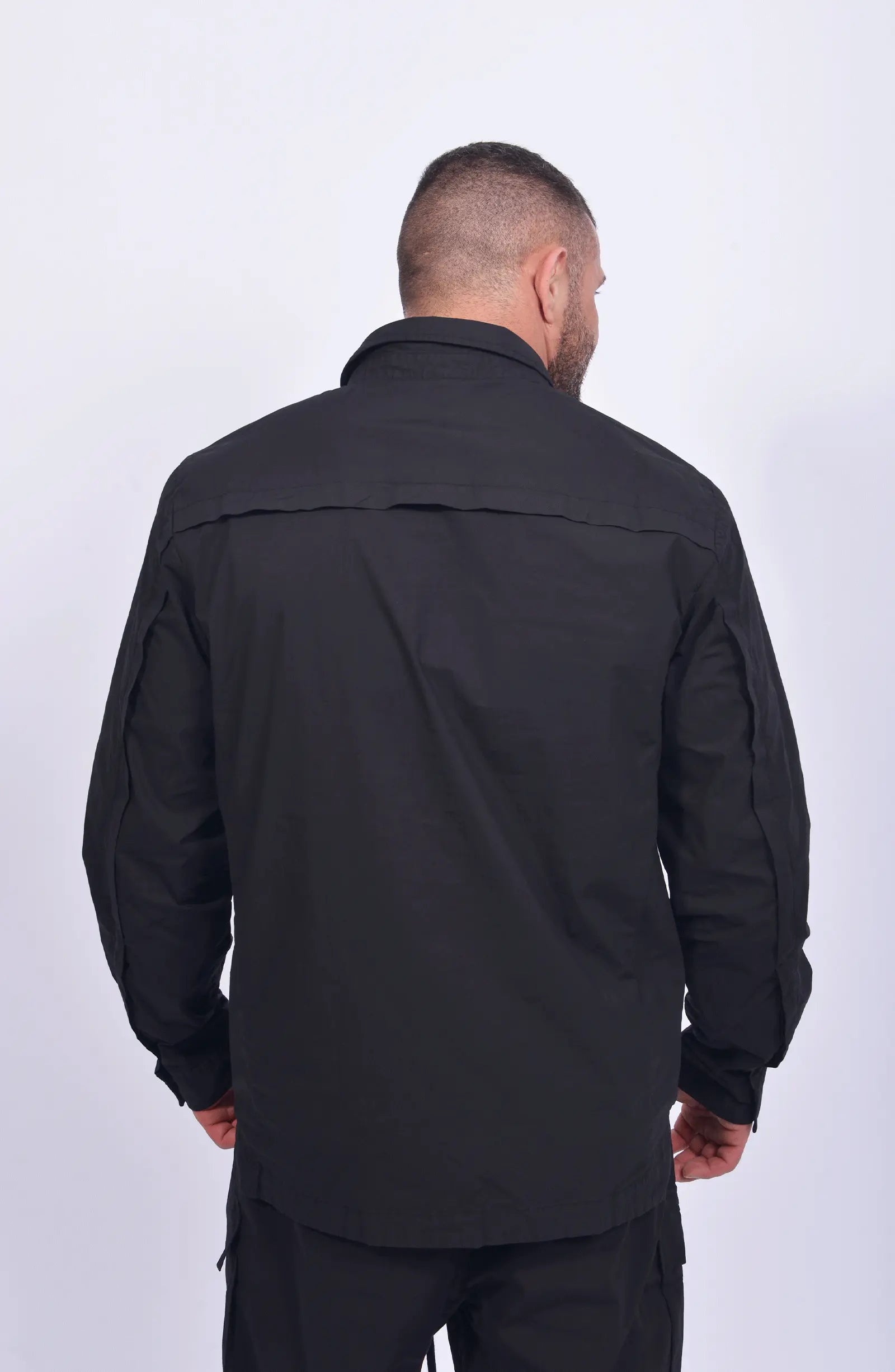 Thom Krom, Mens Shirt, Black, Patched Pocket, Back Details, Collar, Hidden Placket, Long Sleeves, Cotton, Elastane, Stretch, Washed Cotton, Back Portrait. 