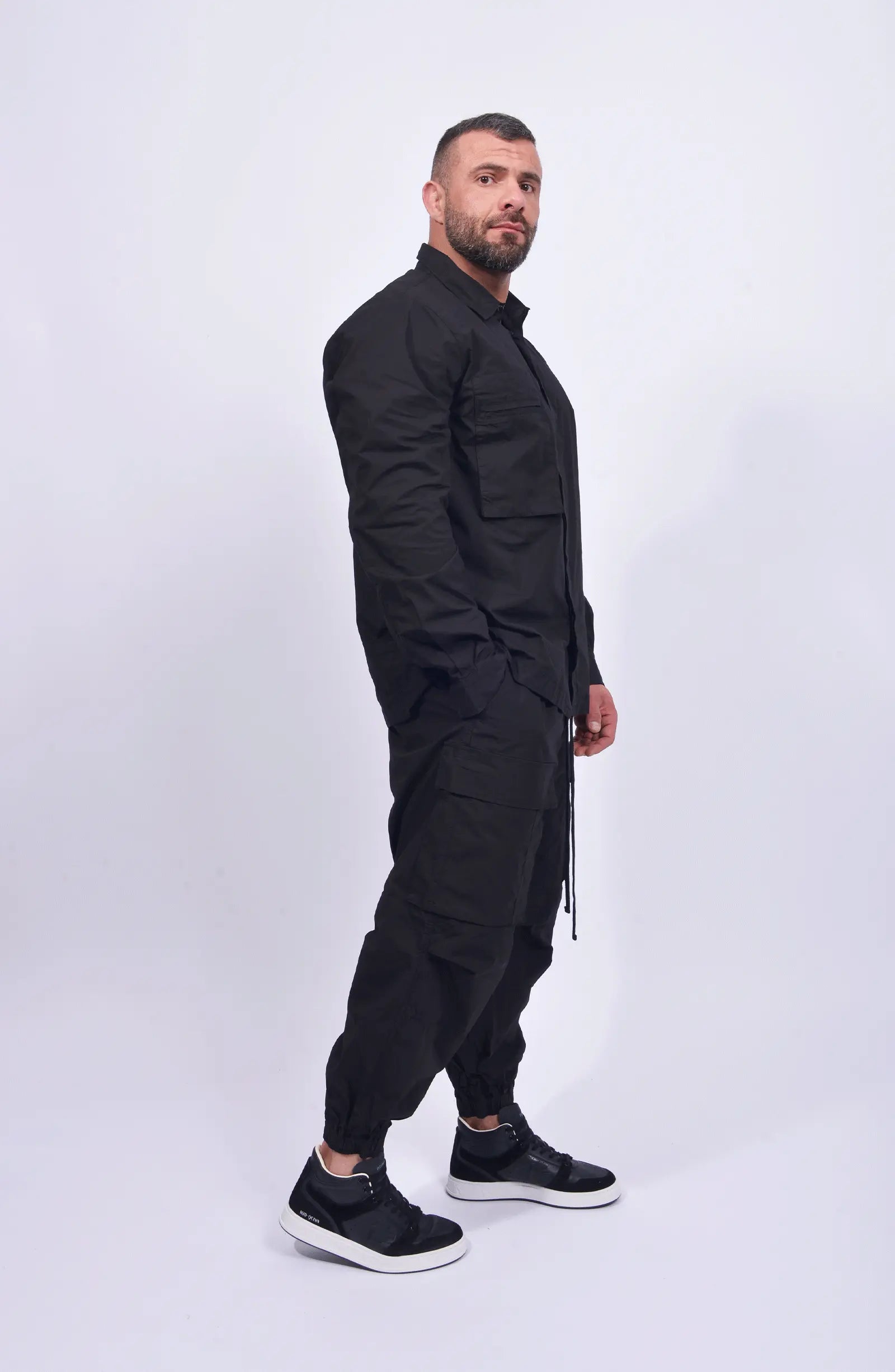 Thom Krom, Mens Shirt, Black, Patched Pocket, Back Details, Collar, Hidden Placket, Long Sleeves, Cotton, Elastane, Stretch, Washed Cotton, Full Body Side View. 