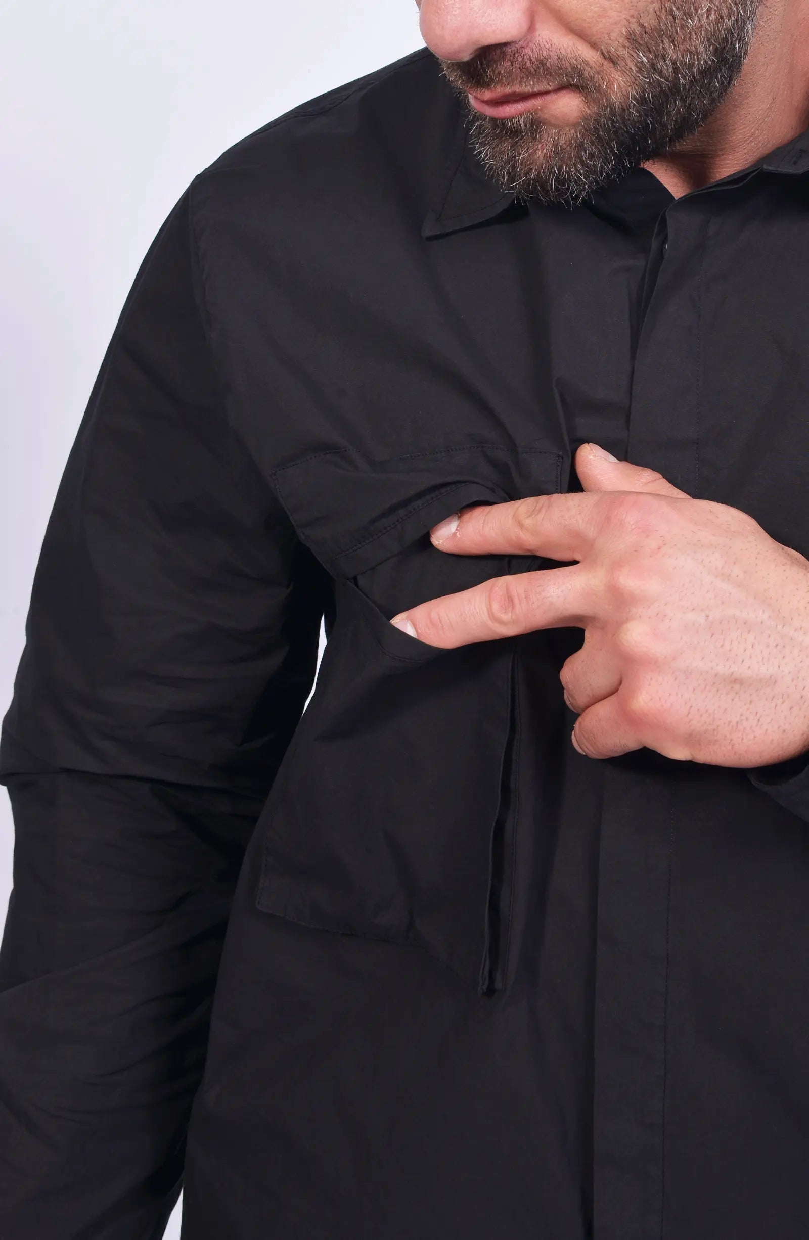 Thom Krom, Mens Shirt, Black, Patched Pocket, Back Details, Collar, Hidden Placket, Long Sleeves, Cotton, Elastane, Stretch, Washed Cotton, Chest Pocket Close-up. 