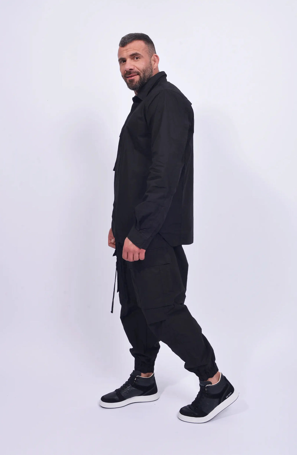 Thom Krom, Mens Shirt, Black, Patched Pocket, Back Details, Collar, Hidden Placket, Long Sleeves, Cotton, Elastane, Stretch, Washed Cotton, Full Body Right Step Side View. 