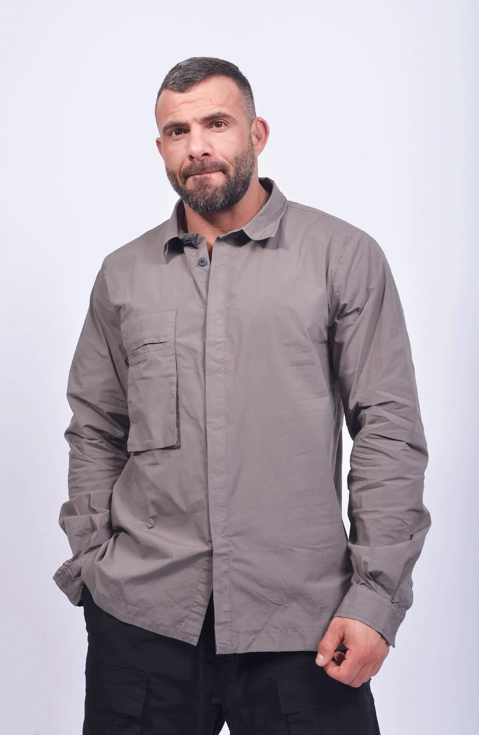 Thom Krom, Mens Shirt, Rock, Patched Pocket, Back Details, Collar, Hidden Placket, Long Sleeves, Cotton, Elastane, Stretch, Washed Cotton, Front Portrait. 