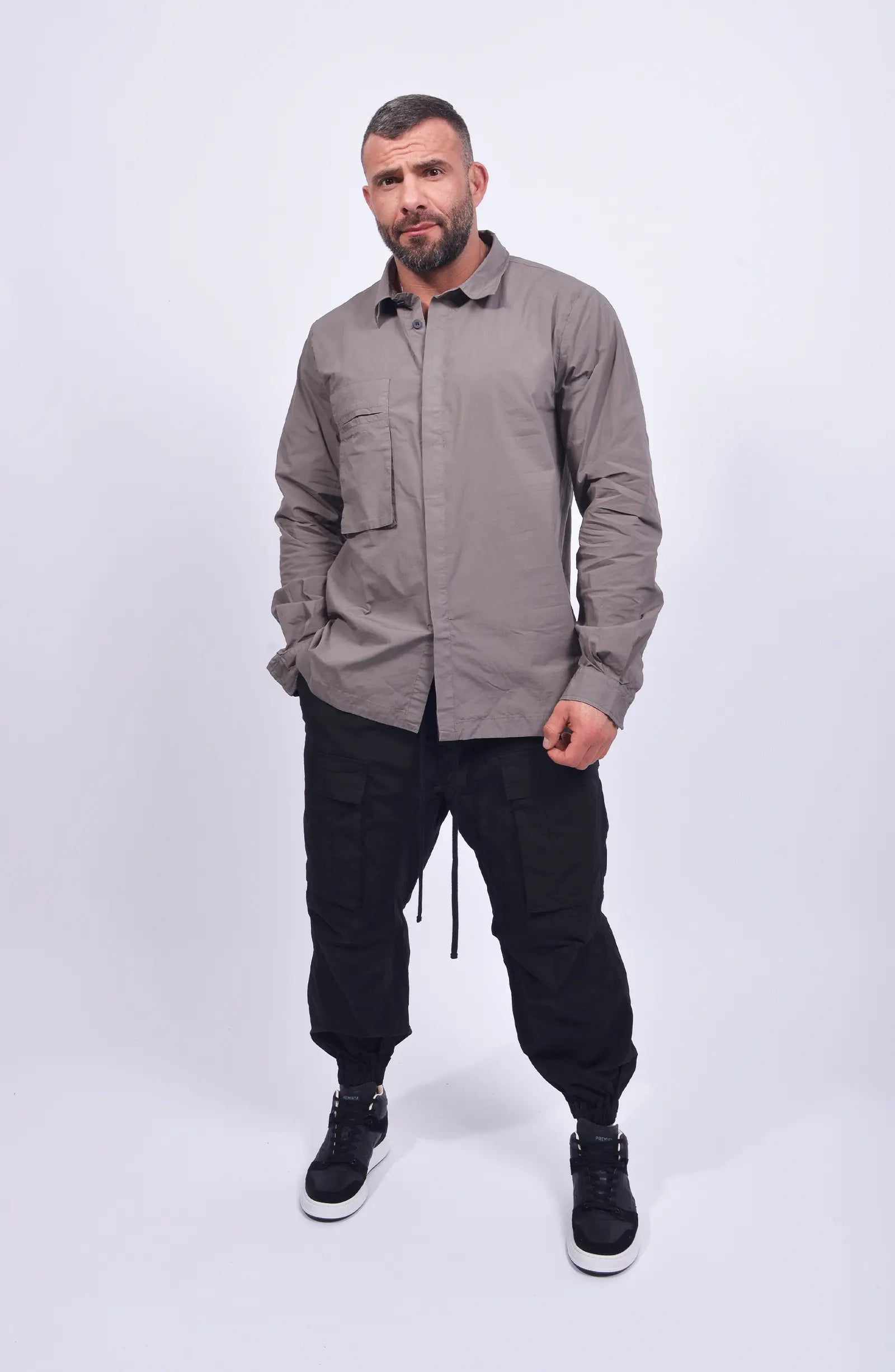Thom Krom, Mens Shirt, Rock, Patched Pocket, Back Details, Collar, Hidden Placket, Long Sleeves, Cotton, Elastane, Stretch, Washed Cotton, Full Body Front View. 