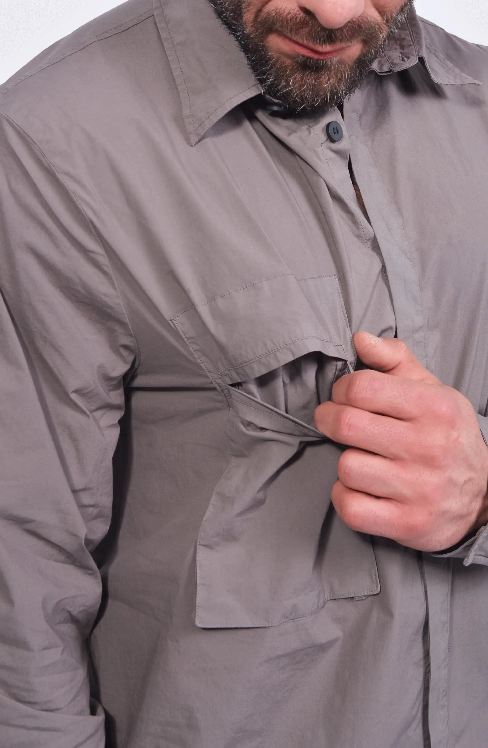 Thom Krom, Mens Shirt, Rock, Patched Pocket, Back Details, Collar, Hidden Placket, Long Sleeves, Cotton, Elastane, Stretch, Washed Cotton, Pocket Close-up Showcase. 