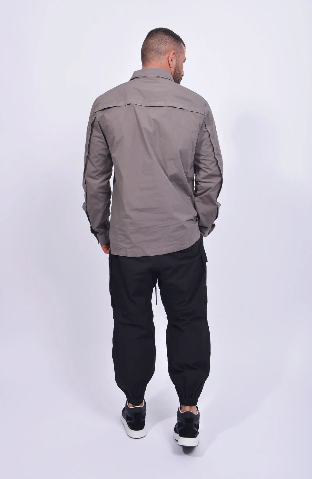 Thom Krom, Mens Shirt, Rock, Patched Pocket, Back Details, Collar, Hidden Placket, Long Sleeves, Cotton, Elastane, Stretch, Washed Cotton, Full Body Back View. 