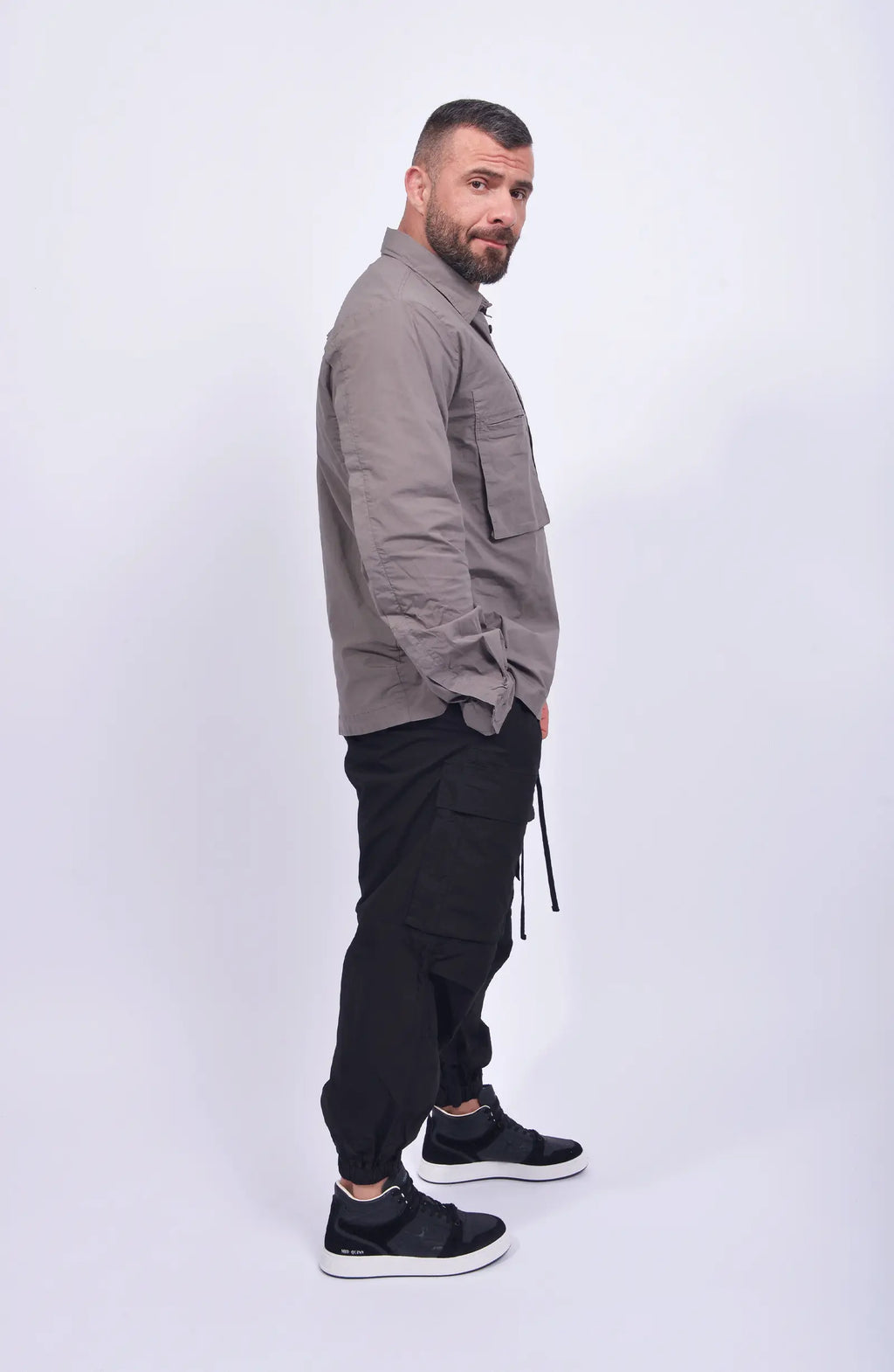 Thom Krom, Mens Shirt, Rock, Patched Pocket, Back Details, Collar, Hidden Placket, Long Sleeves, Cotton, Elastane, Stretch, Washed Cotton, Full Body Side View. 