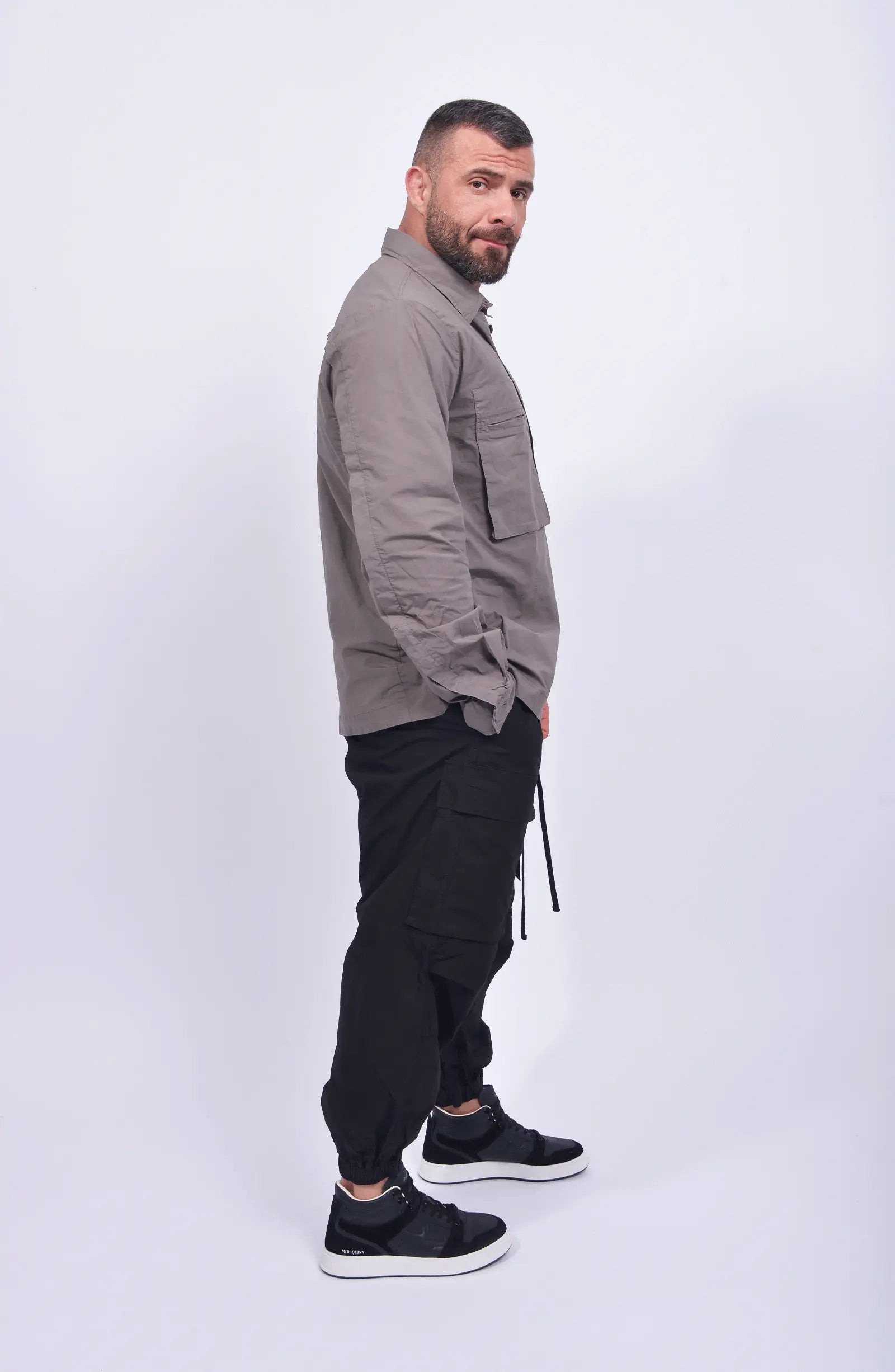 Thom Krom, Mens Shirt, Rock, Patched Pocket, Back Details, Collar, Hidden Placket, Long Sleeves, Cotton, Elastane, Stretch, Washed Cotton, Full Body Side View. 