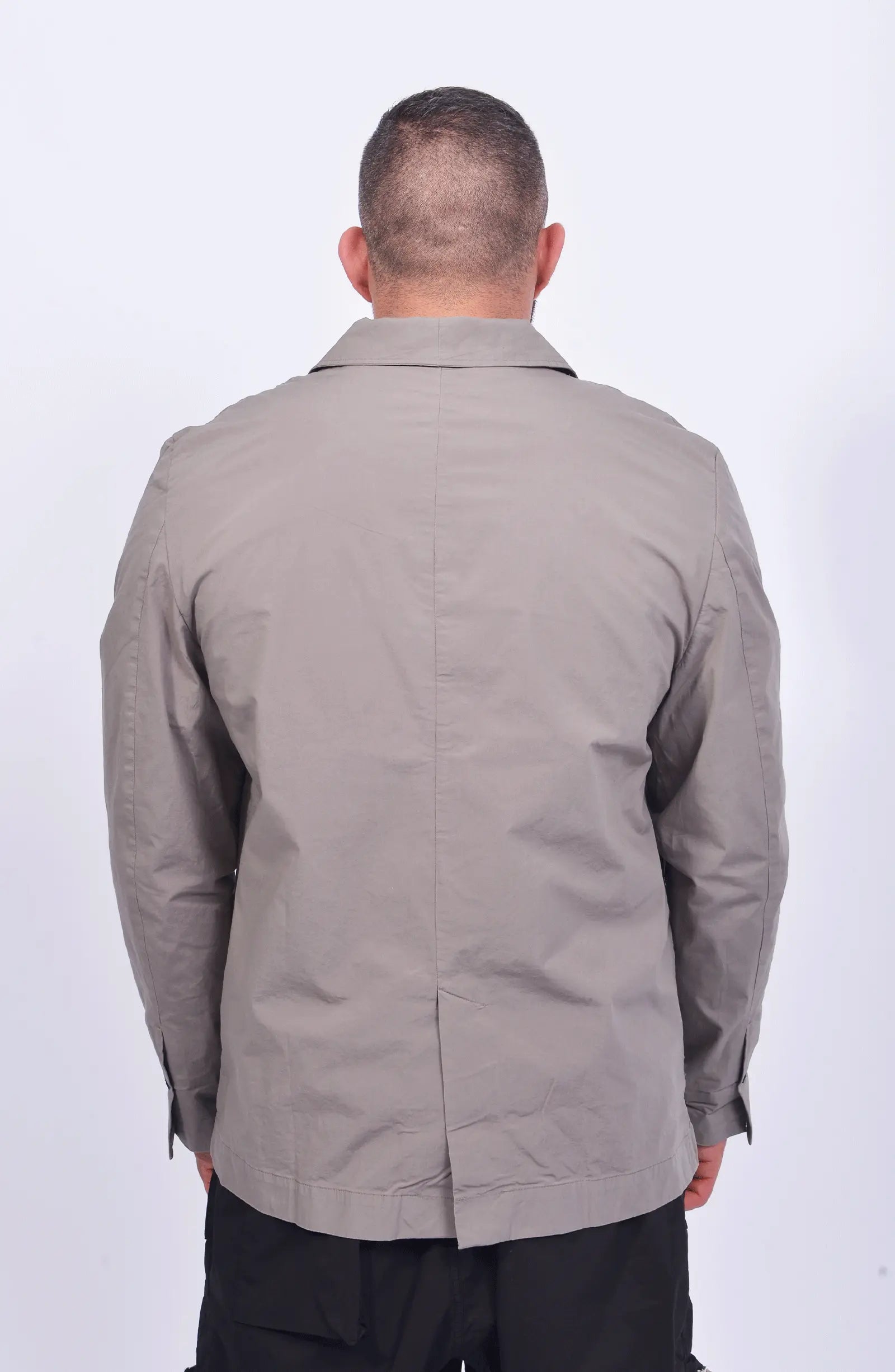 Thom Krom, Mens Blazer, Rock, Long Sleeves, Stand Up Collar, V-Neck, Three-Button Closure, White T-Shirt, Mid Length, Side Pockets, Back Portrait. 