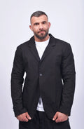 Thom Krom, Mens Blazer, Black, Collar, V-Neck, One-Button, Long Sleeves, White T-Shirt, Mid Length, Stretch Cotton, Washed/Crashed Quality, Patched Pockets, Front Portrait. 