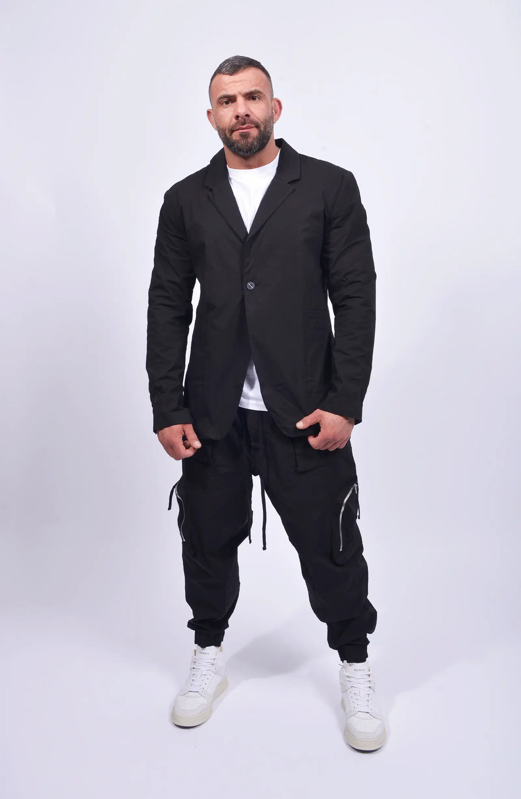 Thom Krom, Mens Blazer, Black, Collar, V-Neck, One-Button, Long Sleeves, White T-Shirt, Mid Length, Stretch Cotton, Washed/Crashed Quality, Patched Pockets, Full Body Front View. 
