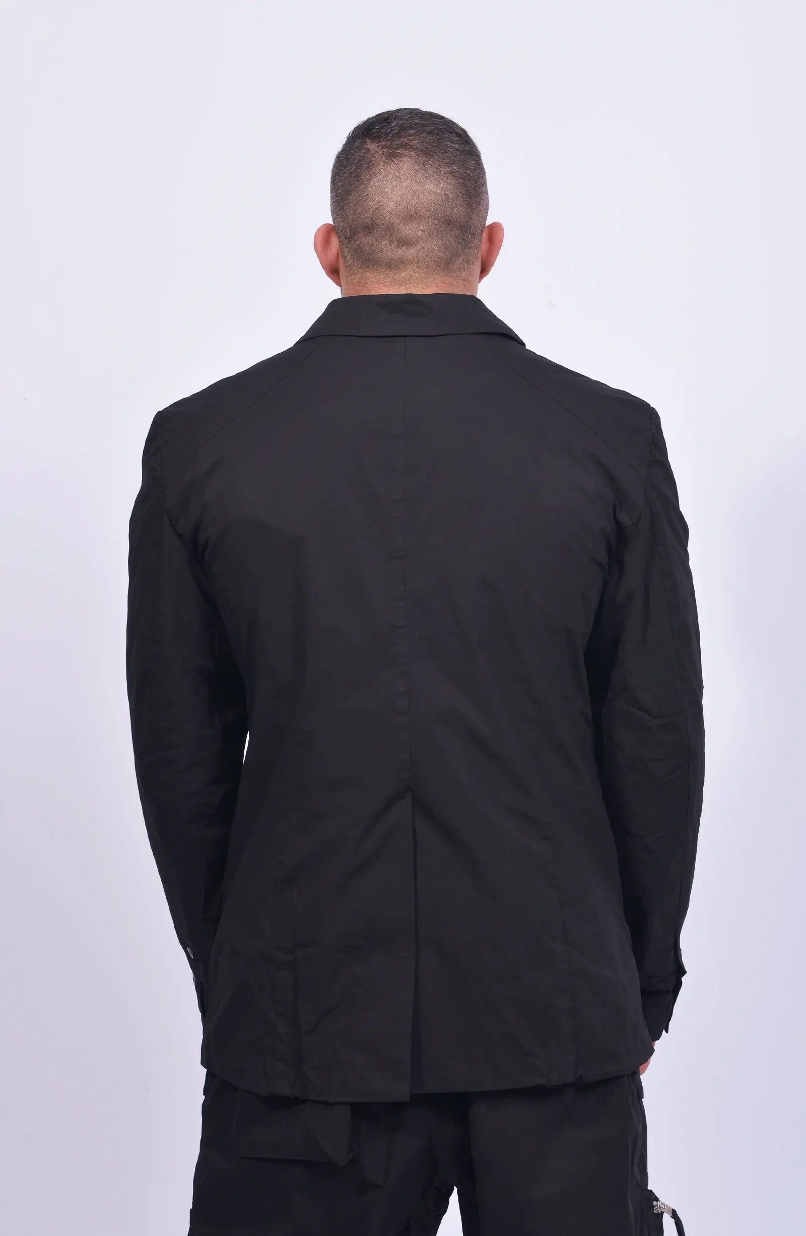 Thom Krom, Mens Blazer, Black, Collar, V-Neck, One-Button, Long Sleeves, White T-Shirt, Mid Length, Stretch Cotton, Washed/Crashed Quality, Patched Pockets, Back Portrait. 