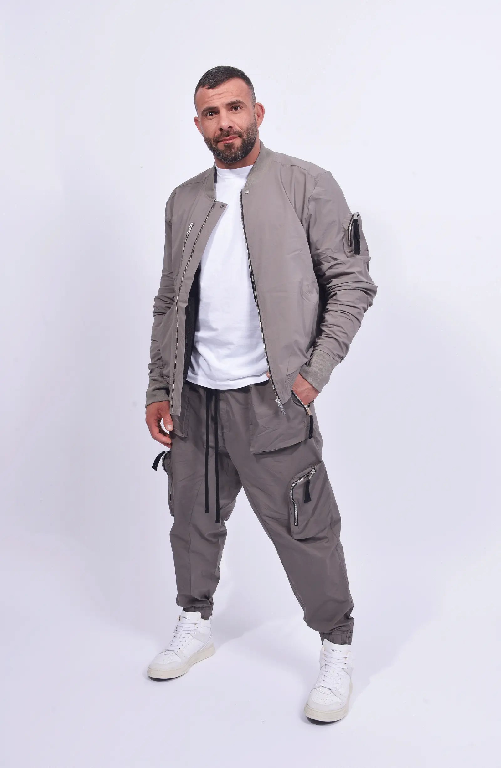 Thom Krom, Mens Jacket, Rock, Full-Zip, Zip Pockets, Front Pocket, Sleeve Pocket, Long Sleeves, Ribbed Neck, Ribbed Hems, Anti-Nickel Zippers, YKK Zippers, Full Body Front View Unzipped. 
