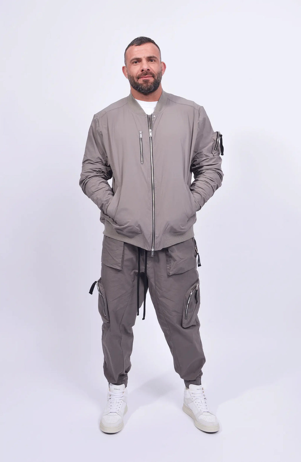 Thom Krom, Mens Jacket, Rock, Full-Zip, Zip Pockets, Front Pocket, Sleeve Pocket, Long Sleeves, Ribbed Neck, Ribbed Hems, Anti-Nickel Zippers, YKK Zippers, Full Body Front View. 