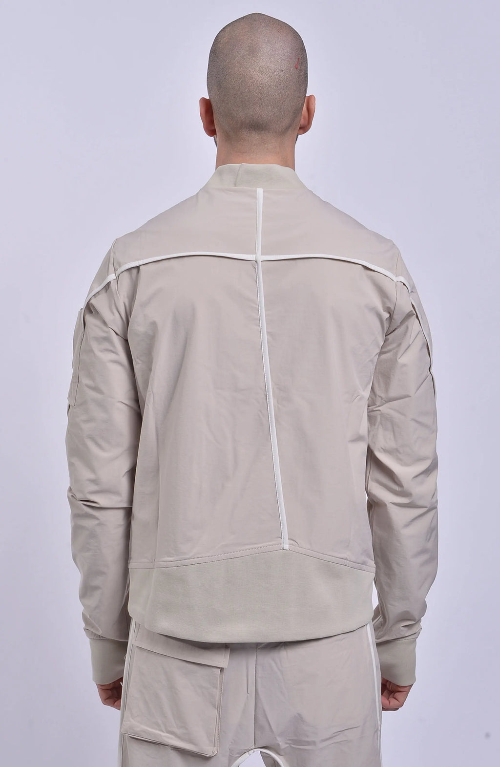 Thom Krom, Mens Jacket, Sand Shell, Ivory, Beige, Contrast Details, Thumbholes, Full-zip, YKK Zippers, Side Pockets, Sleeve Zip Pocket, Thom Krom Snap, White Detailing, Back Portrait. 