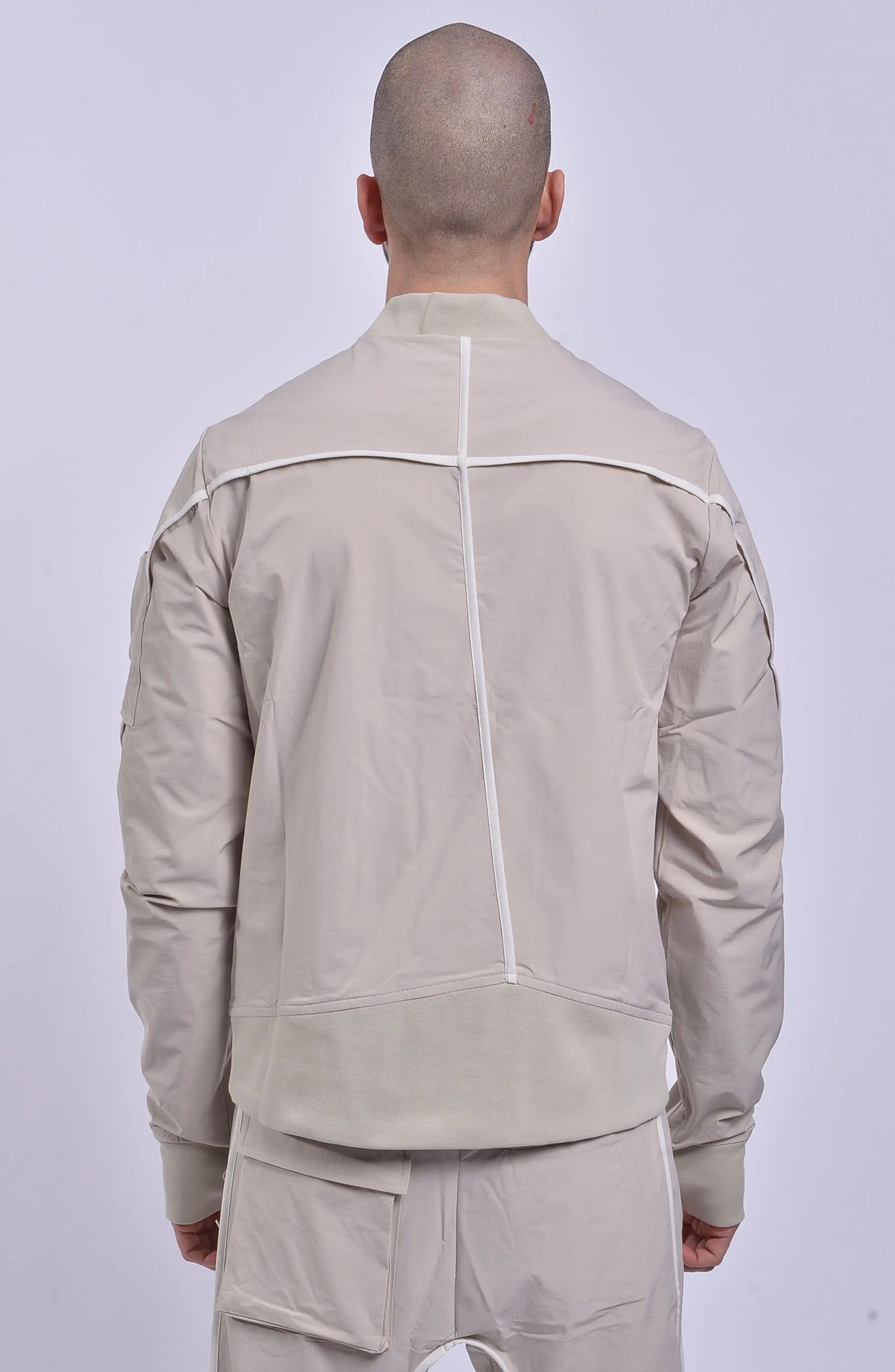 Thom Krom, Mens Jacket, Sand Shell, Ivory, Beige, Contrast Details, Thumbholes, Full-zip, YKK Zippers, Side Pockets, Sleeve Zip Pocket, Thom Krom Snap, White Detailing, Back Portrait. 