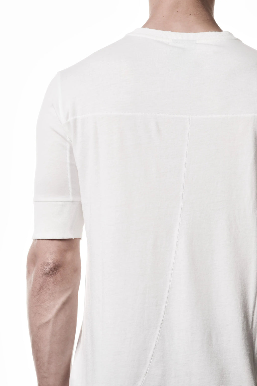 Thom Krom, Mens T-Shirt, Off-White, Cotton Modal Jersey, Ribbed Cuffs, Short Sleeves, Round Neck, Slim fit, Left Shoulder Back View. 