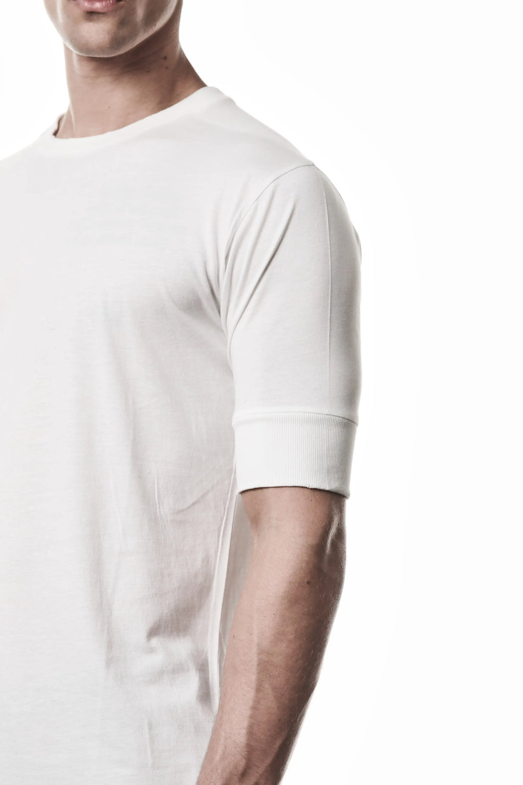 Thom Krom, Mens T-Shirt, Off-White, Cotton Modal Jersey, Ribbed Cuffs, Short Sleeves, Round Neck, Slim fit, Left Cuff Close-up. 