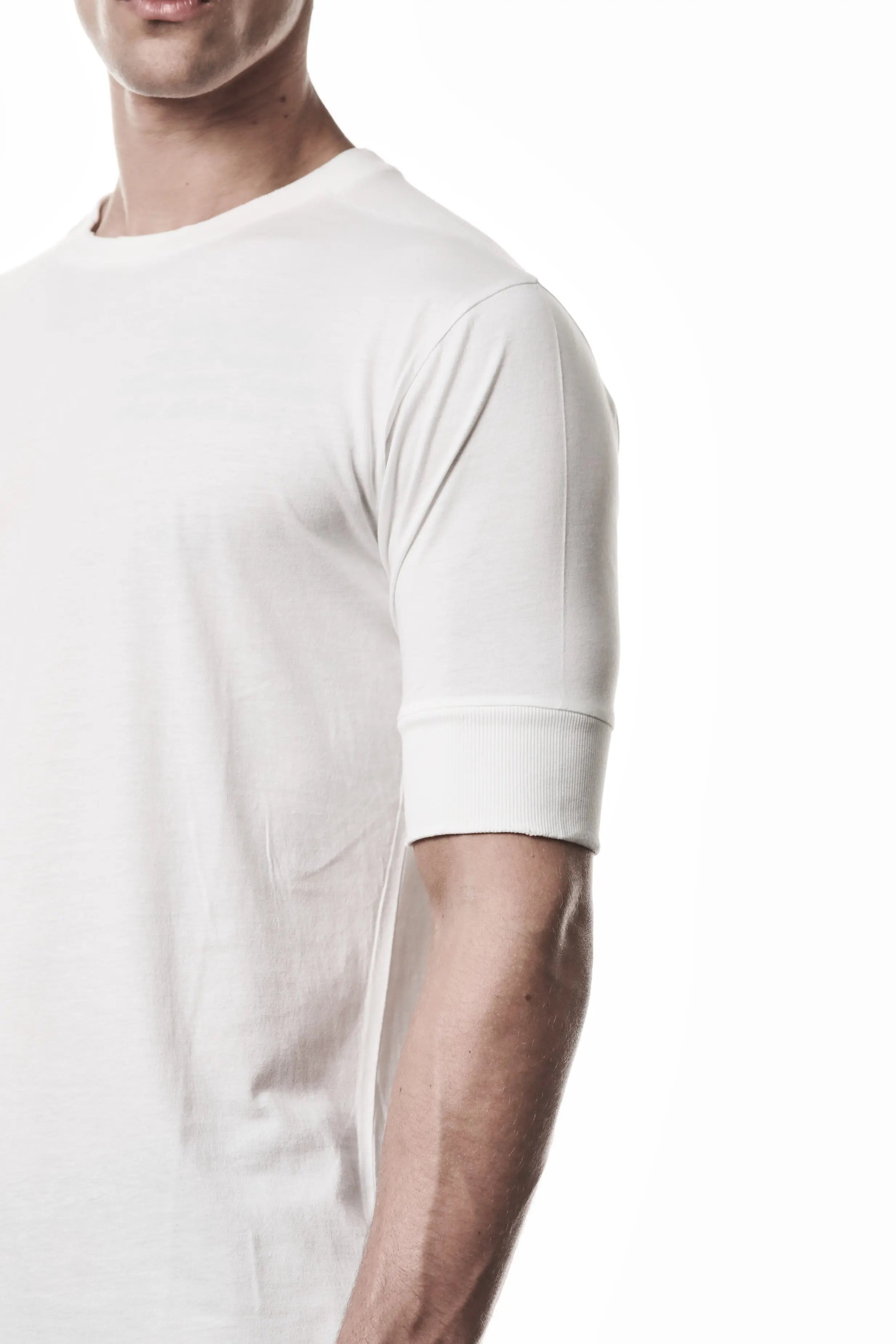 Thom Krom, Mens T-Shirt, Off-White, Cotton Modal Jersey, Ribbed Cuffs, Short Sleeves, Round Neck, Slim fit, Left Cuff Close-up. 