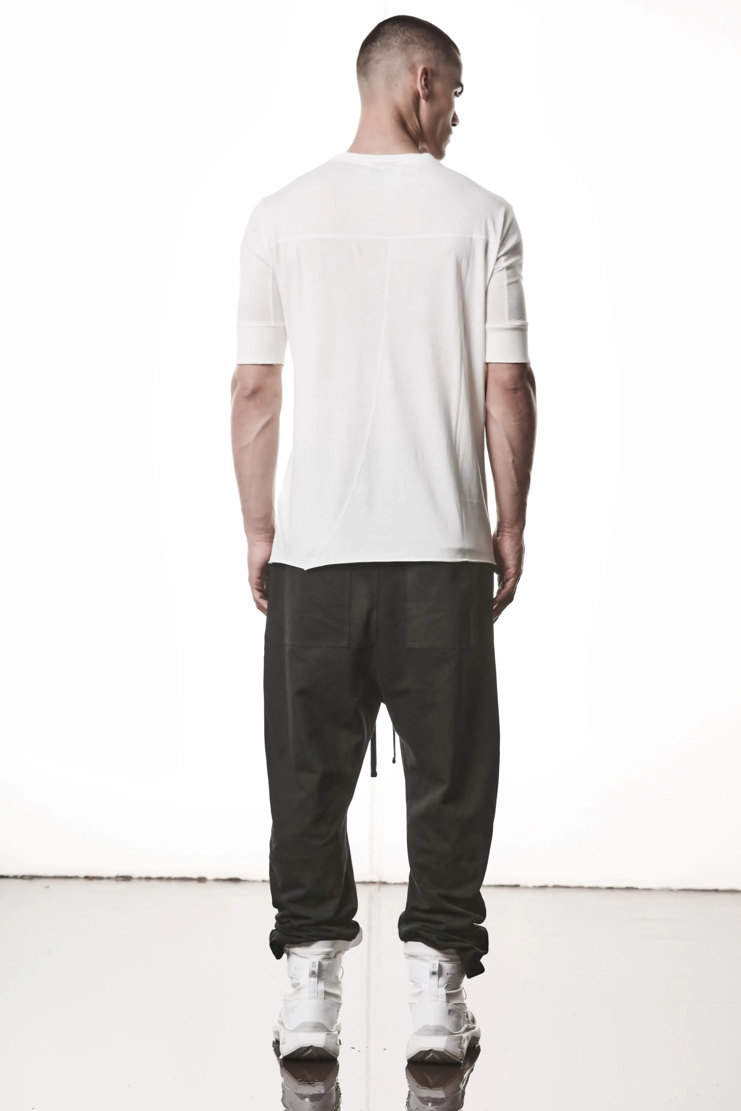Thom Krom, Mens T-Shirt, Off-White, Cotton Modal Jersey, Ribbed Cuffs, Short Sleeves, Round Neck, Slim fit, Back View. 