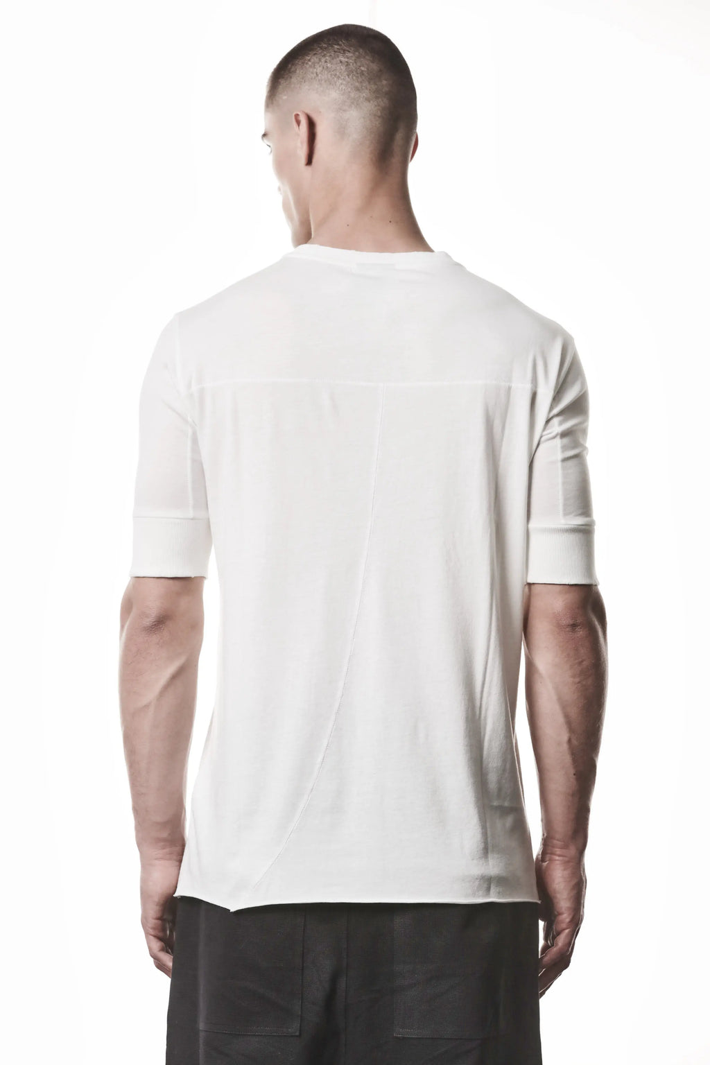 Thom Krom, Mens T-Shirt, Off-White, Cotton Modal Jersey, Ribbed Cuffs, Short Sleeves, Round Neck, Slim fit, Back Portrait. 