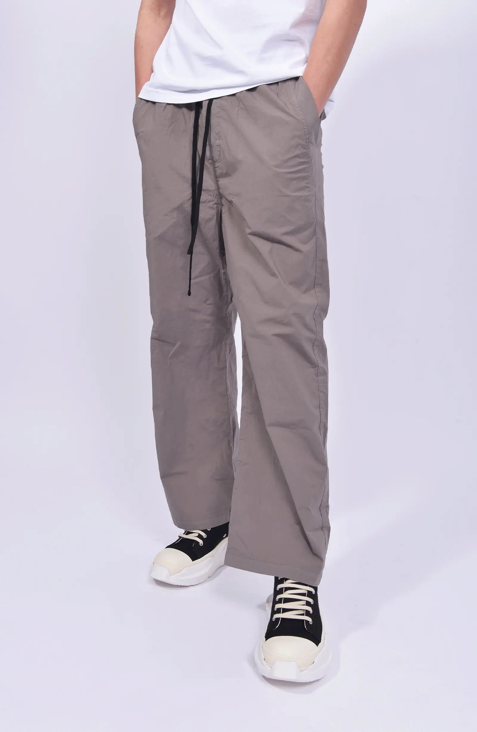 Thom Krom, Mens Pants, Rock, Wide Fit, Oversized Trousers, Elasticated Waistband, Drawstring, Side Pockets, Straight Legs, Back Pockets, Front View. 