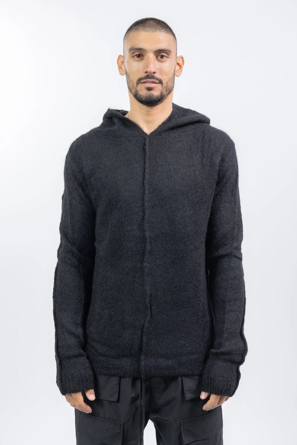 Thom Krom, Mens Sweater, Black, Hooded, Knitwear, Relaxed Fit, Raglan Shoulders, Alpaca Wool, Polyamide, Front Portrait. 