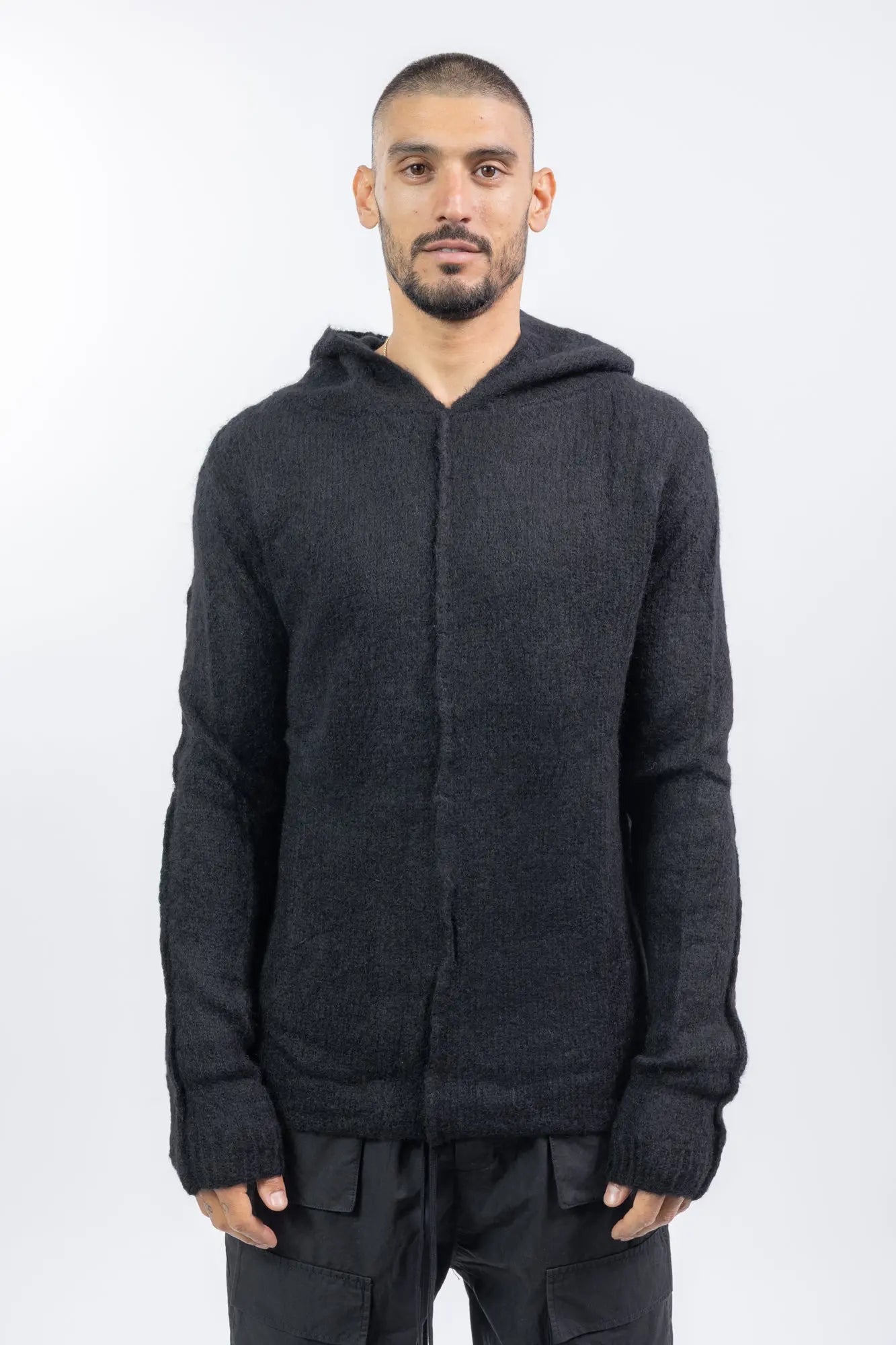 Thom Krom, Mens Sweater, Black, Hooded, Knitwear, Relaxed Fit, Raglan Shoulders, Alpaca Wool, Polyamide, Front Portrait. 