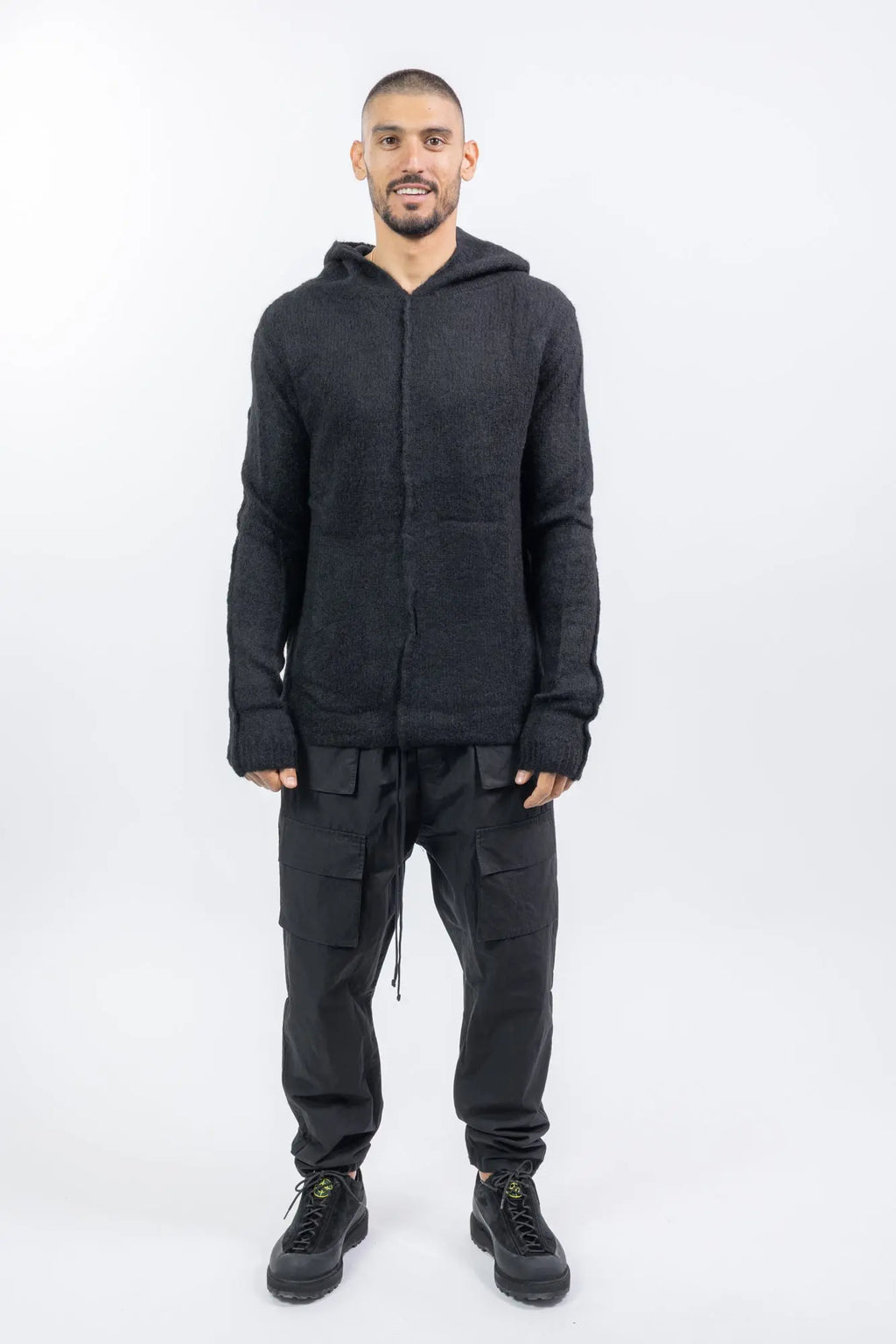 Thom Krom, Mens Sweater, Black, Hooded, Knitwear, Relaxed Fit, Raglan Shoulders, Alpaca Wool, Polyamide, Full Body Front View. 