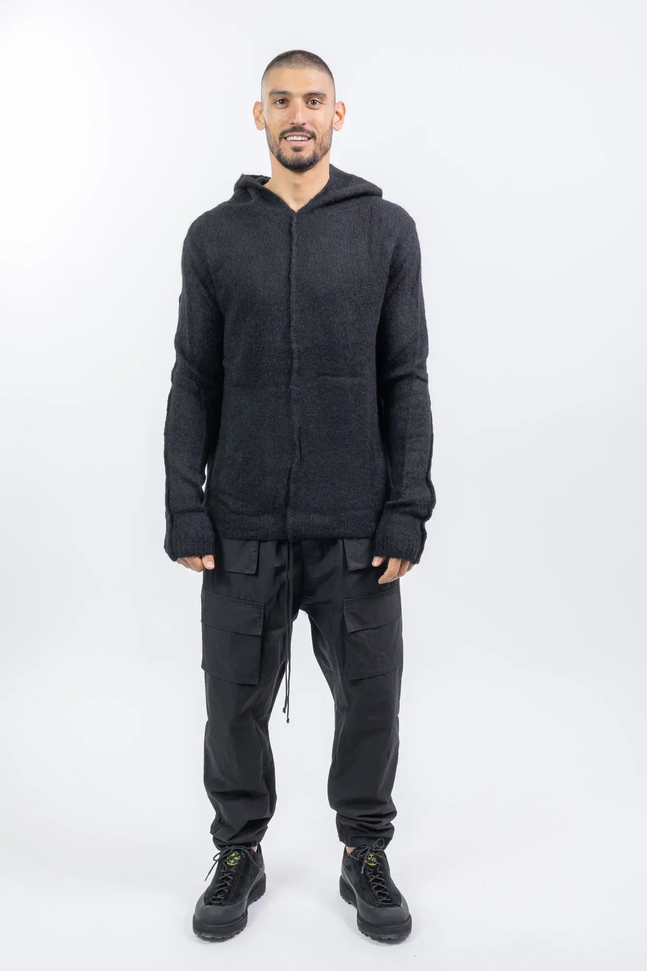 Thom Krom, Mens Sweater, Black, Hooded, Knitwear, Relaxed Fit, Raglan Shoulders, Alpaca Wool, Polyamide, Full Body Front View. 