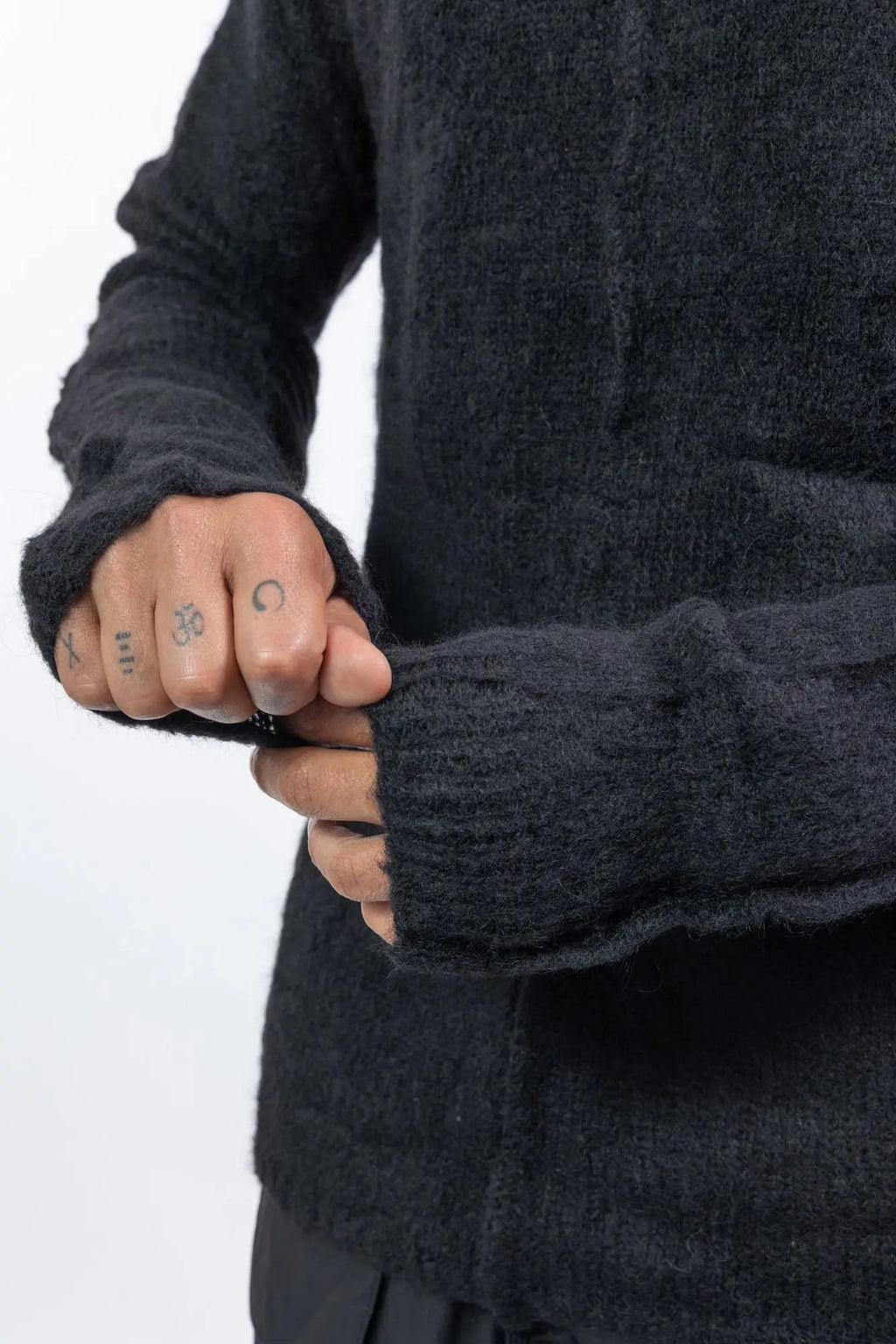Thom Krom, Mens Sweater, Black, Hooded, Knitwear, Relaxed Fit, Raglan Shoulders, Alpaca Wool, Polyamide, Sleeve Close-up. 