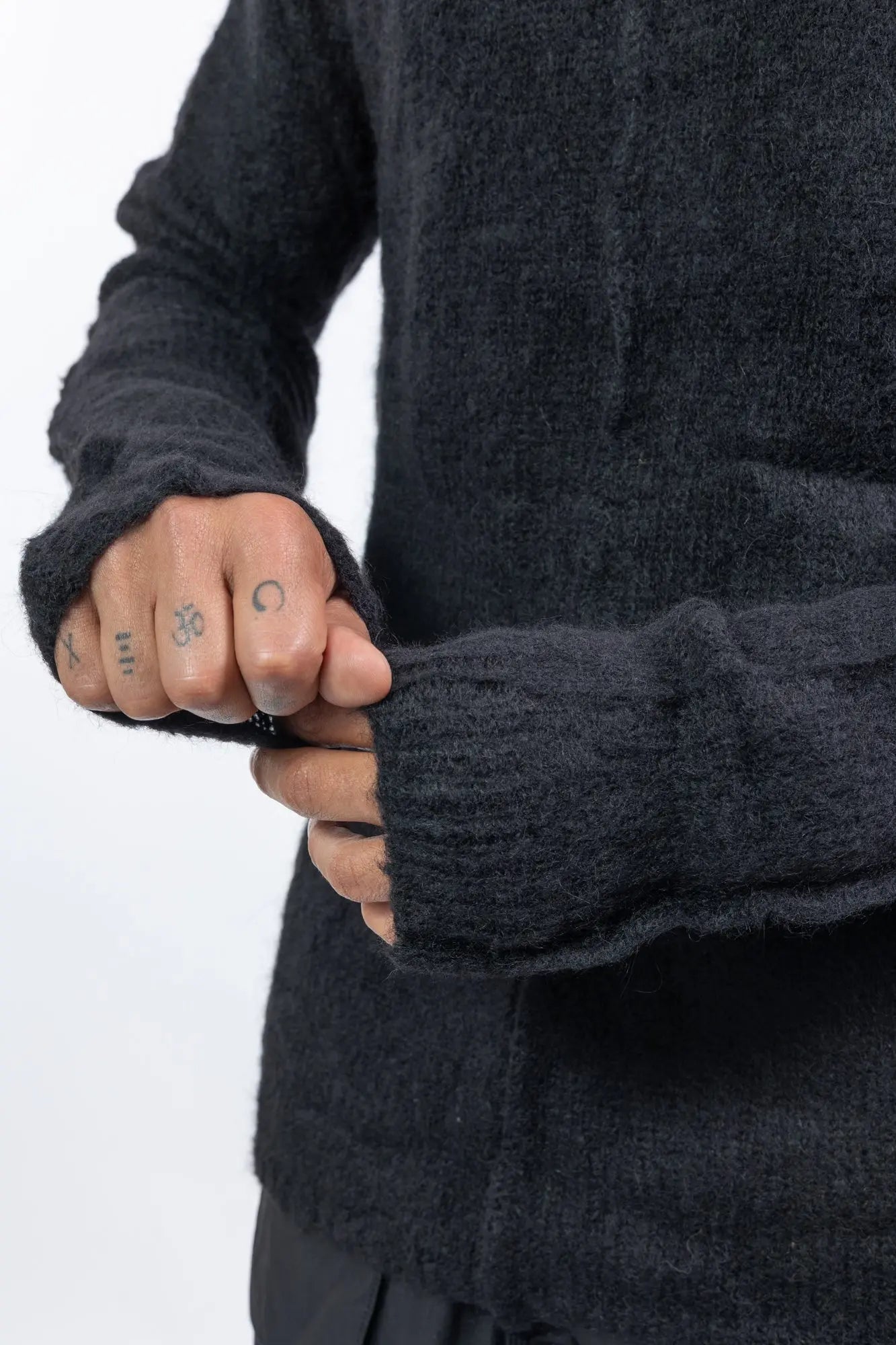 Thom Krom, Mens Sweater, Black, Hooded, Knitwear, Relaxed Fit, Raglan Shoulders, Alpaca Wool, Polyamide, Sleeve Close-up. 
