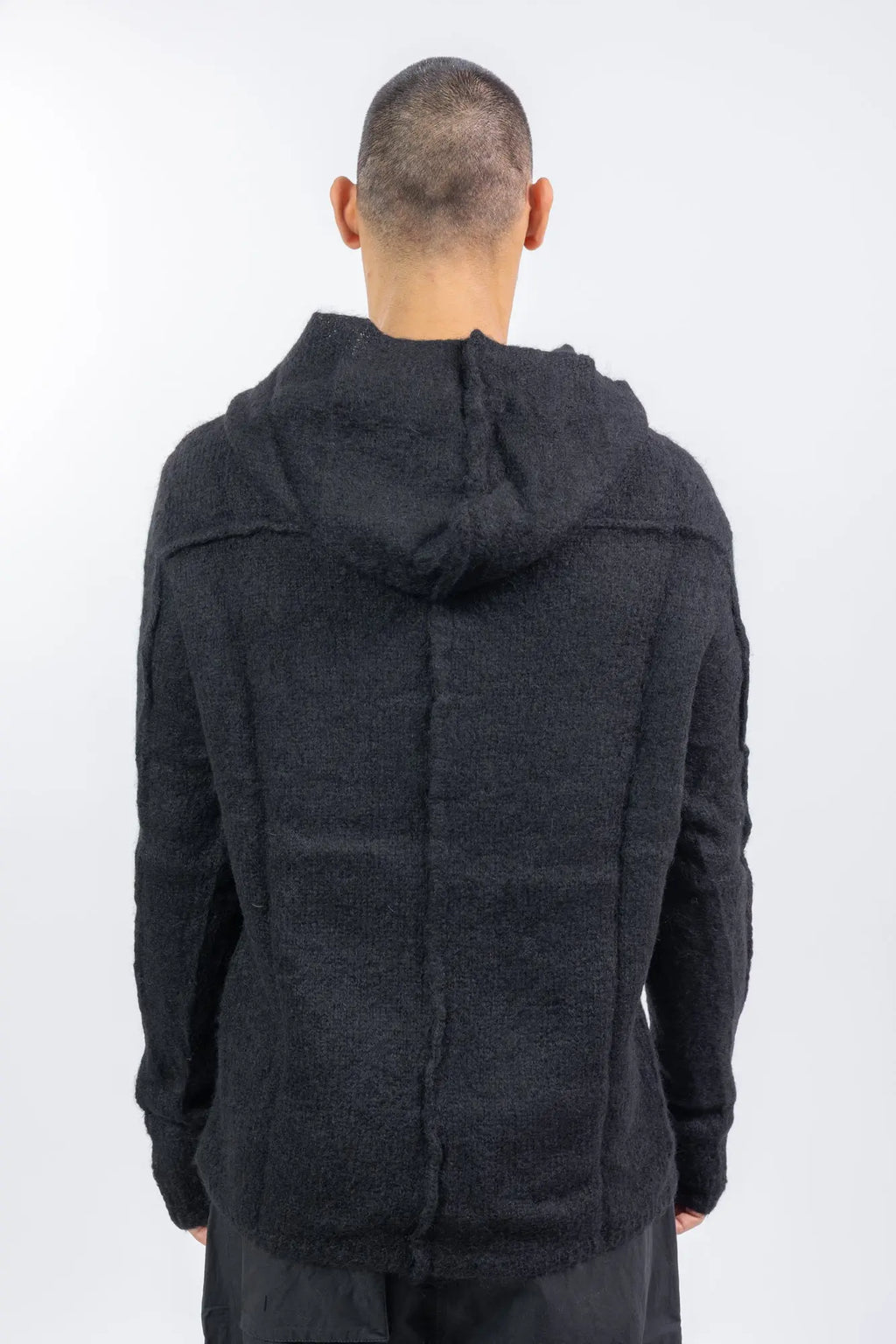 Thom Krom, Mens Sweater, Black, Hooded, Knitwear, Relaxed Fit, Raglan Shoulders, Alpaca Wool, Polyamide, Back Portrait. 