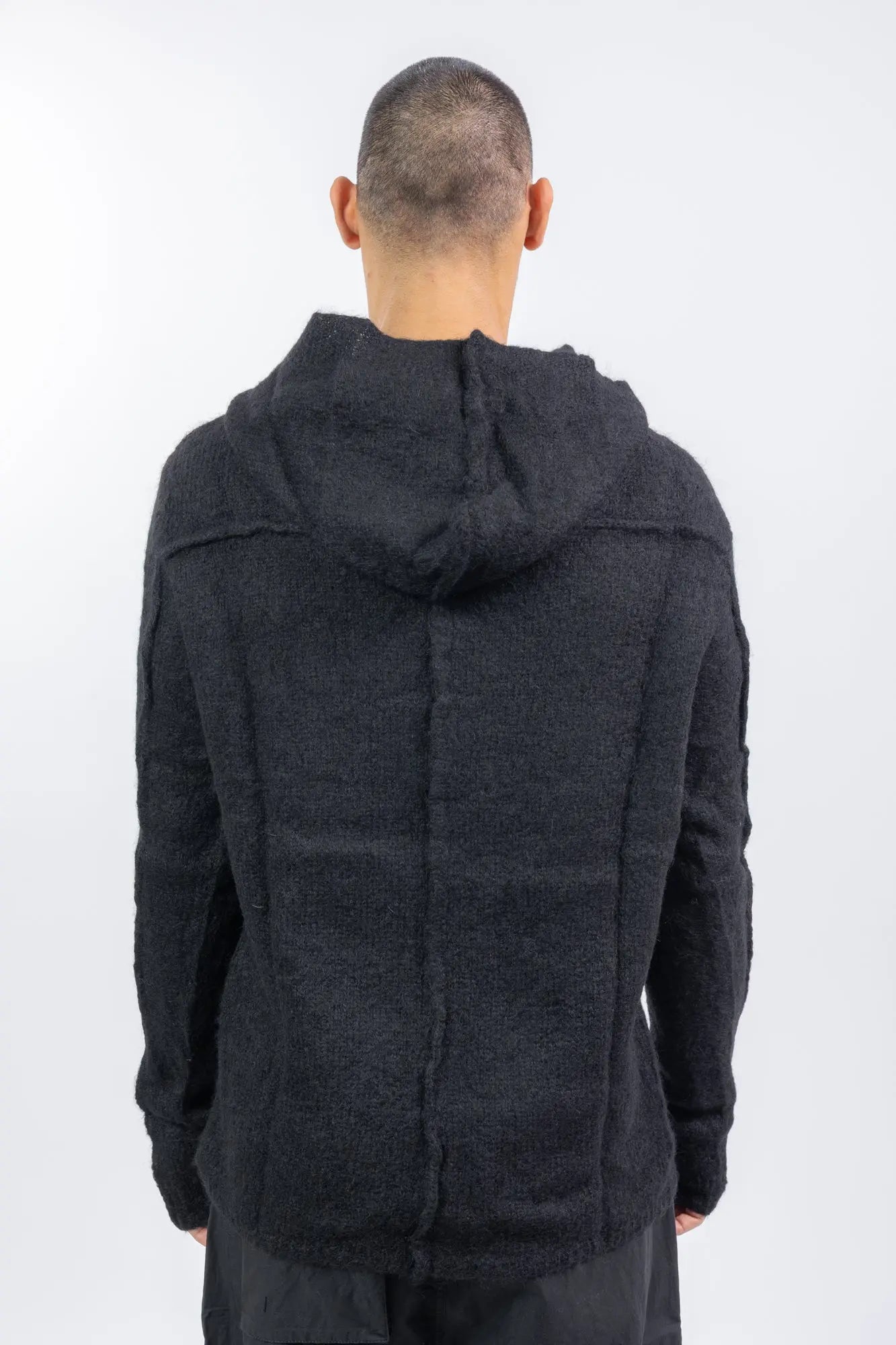 Thom Krom, Mens Sweater, Black, Hooded, Knitwear, Relaxed Fit, Raglan Shoulders, Alpaca Wool, Polyamide, Back Portrait. 