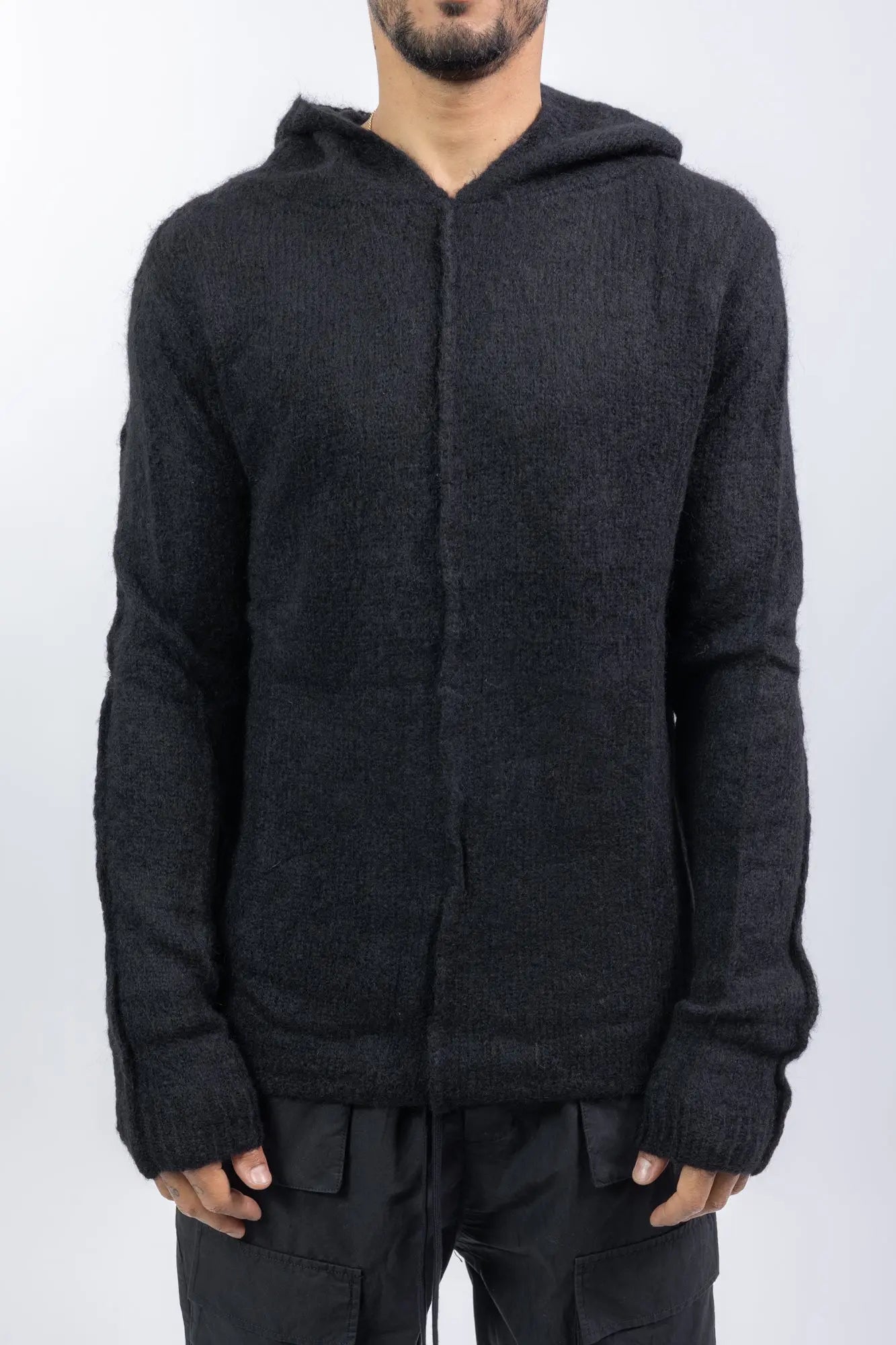 Thom Krom, Mens Sweater, Black, Hooded, Knitwear, Relaxed Fit, Raglan Shoulders, Alpaca Wool, Polyamide, Front View. 