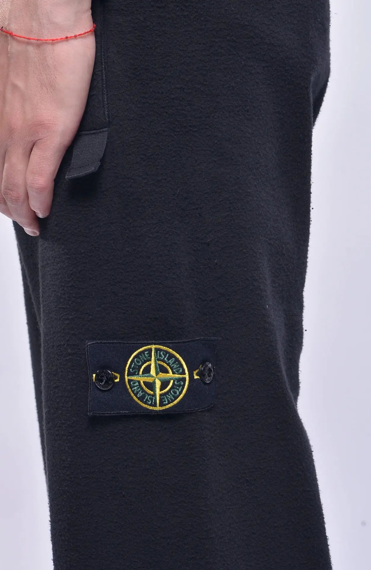 Stone Island, Mens Sweatpants, Black, Fleece Jogger Pants, Stone Island Badge, Drawstrings, YKK Zippers, Badge Close-up.