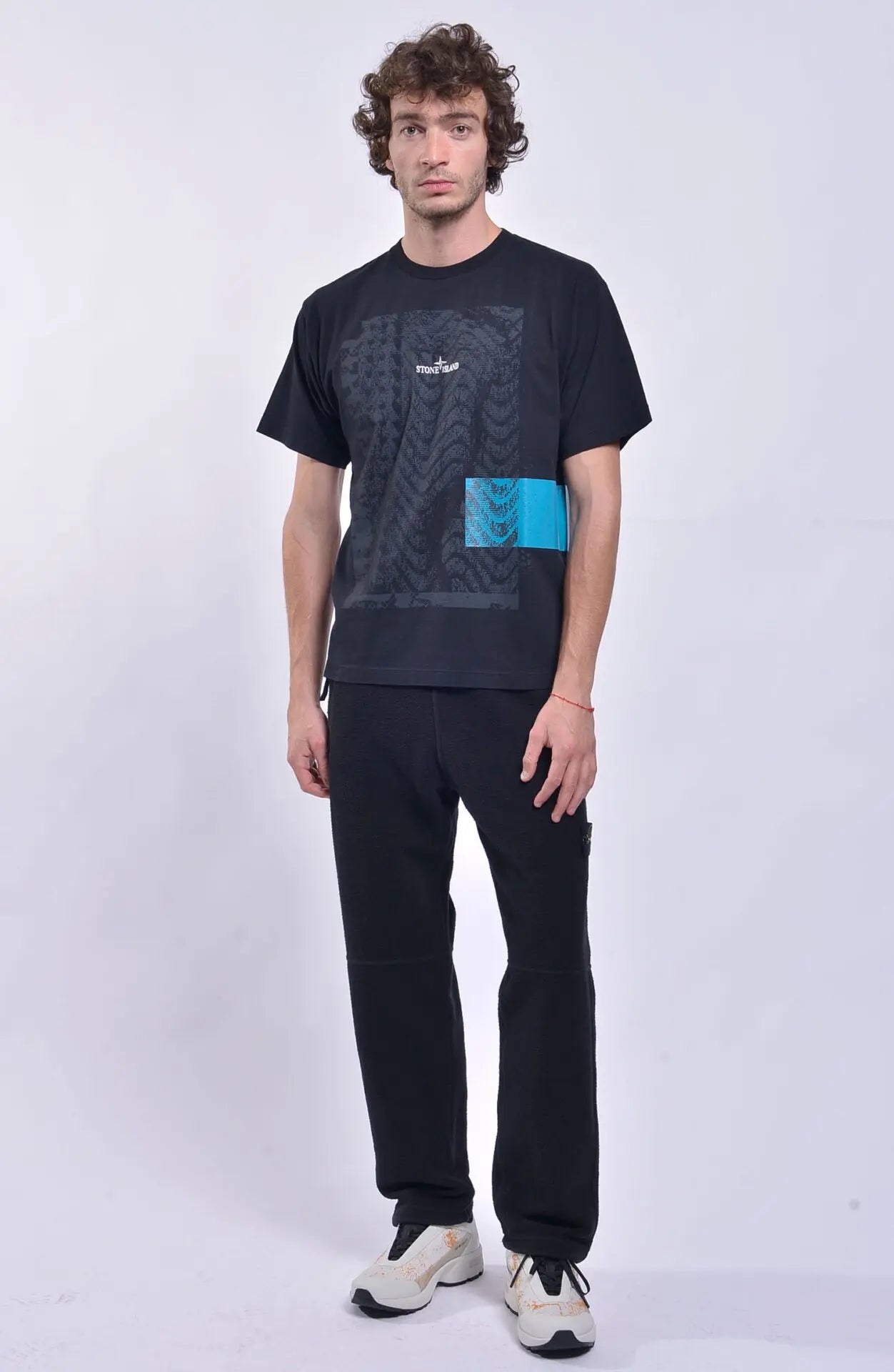 Stone Island, Mens Sweatpants, Black, Fleece Jogger Pants, Stone Island Badge, Drawstrings, YKK Zippers, Full Body Photo. 