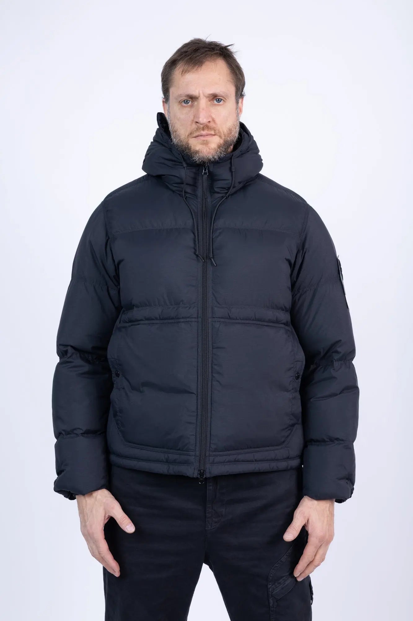 Stone Island, Mens Jacket, Black V0029, Down Padded, Full Zip, YKK Zippers, Side Pockets, Hooded, Long Sleeves, Hood Drawcord Strings, Hidden Pockets, Front Portrait. 