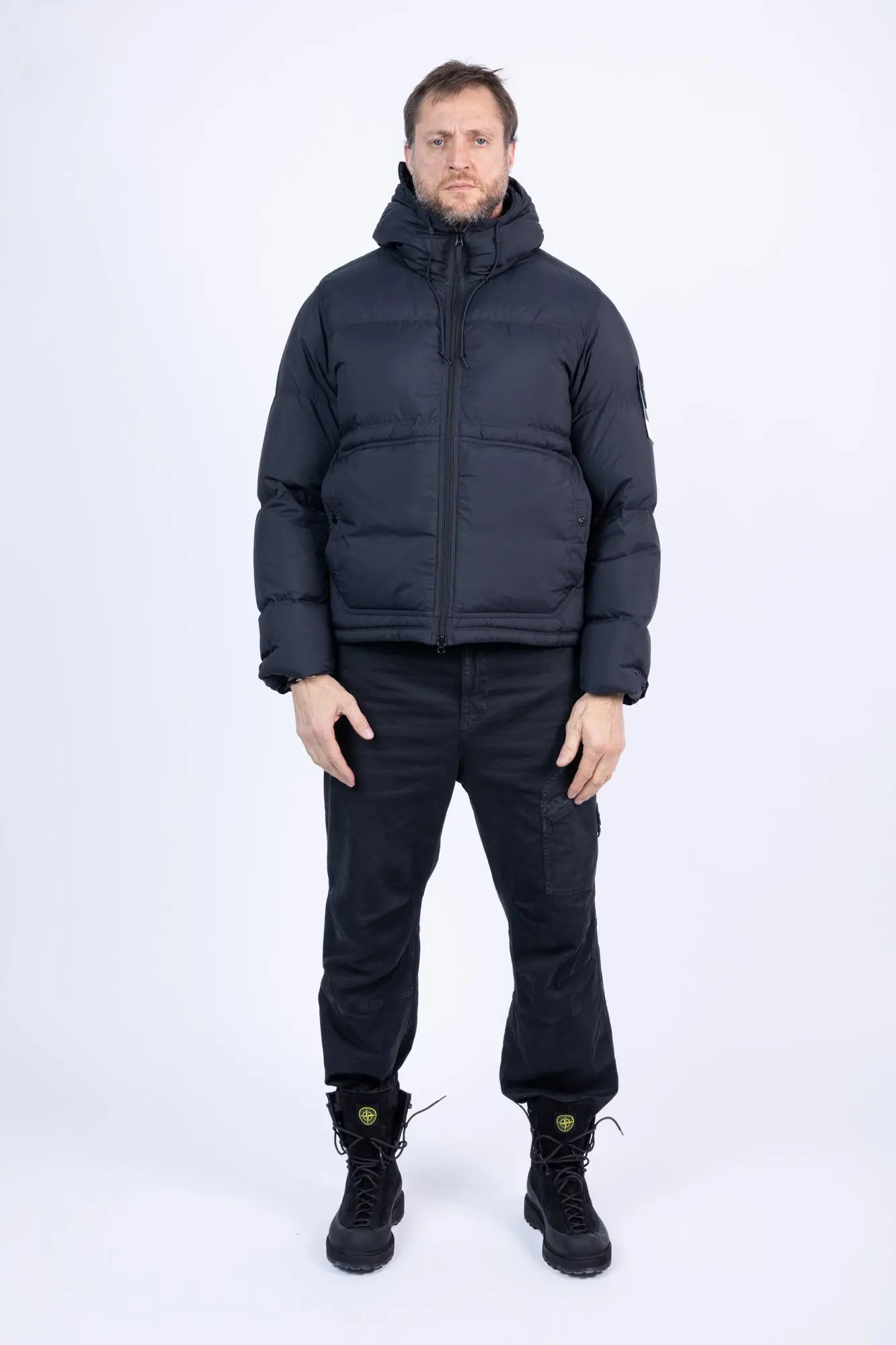 Stone Island, Mens Jacket, Black V0029, Down Padded, Full Zip, YKK Zippers, Side Pockets, Hooded, Hidden Pockets, Long Sleeves, Hood Drawcord Strings, Full Body. 