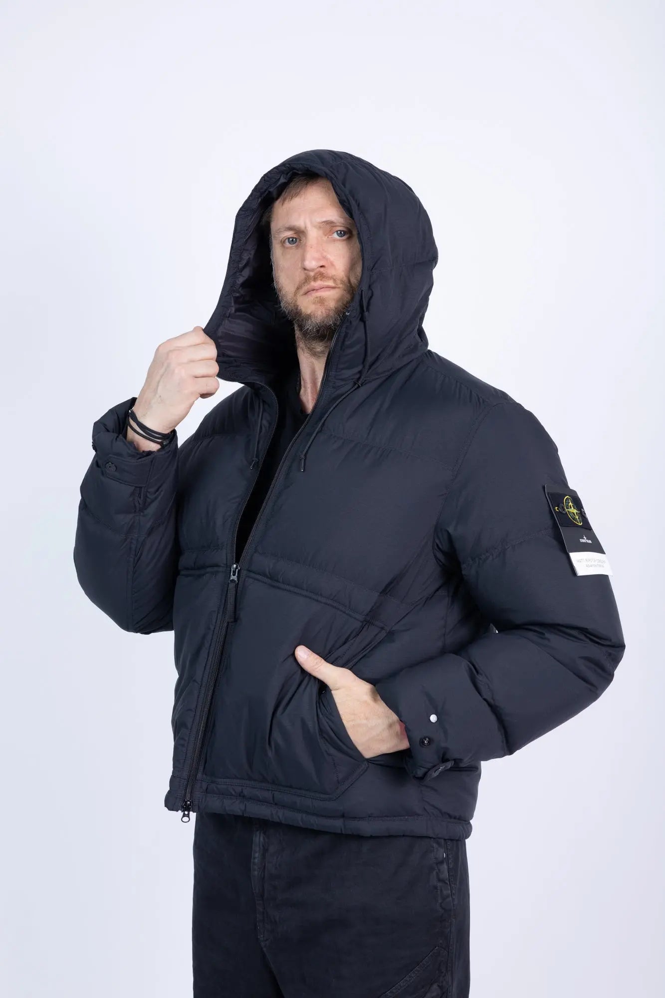 Stone Island, Mens Jacket, Black V0029, Down Padded, Full Zip, YKK Zippers, Side Pockets, Hooded, Hidden Pockets, Long Sleeves, Hood Drawcord Strings, Hooded 3/4 View. 