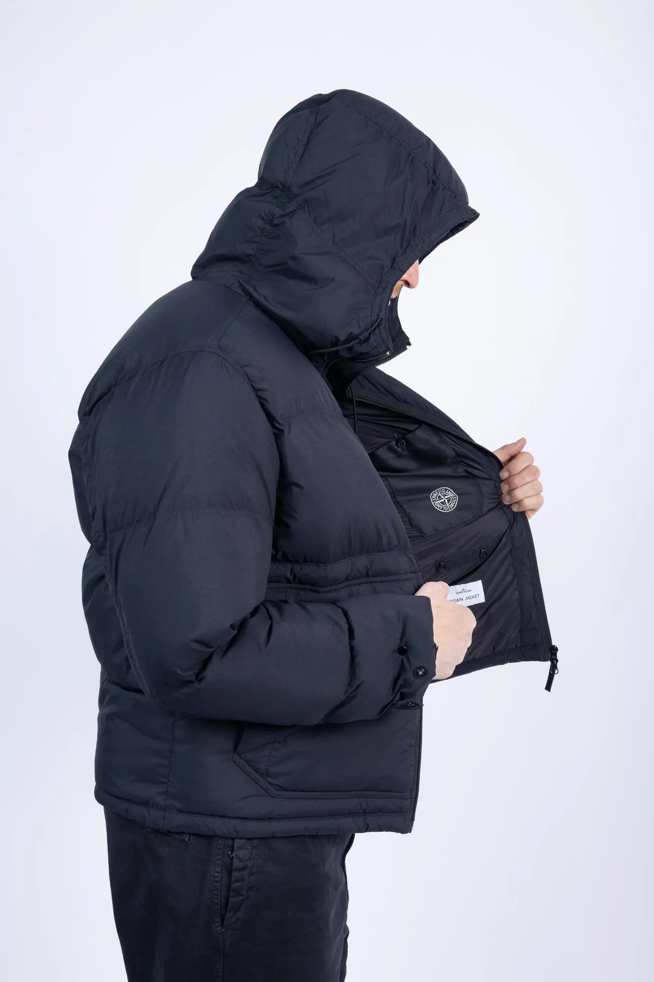 Stone Island, Mens Jacket, Black V0029, Down Padded, Full Zip, YKK Zippers, Side Pockets, Hooded, Hidden Pockets, Long Sleeves, Hood Drawcord Strings, Hooded Side View. 