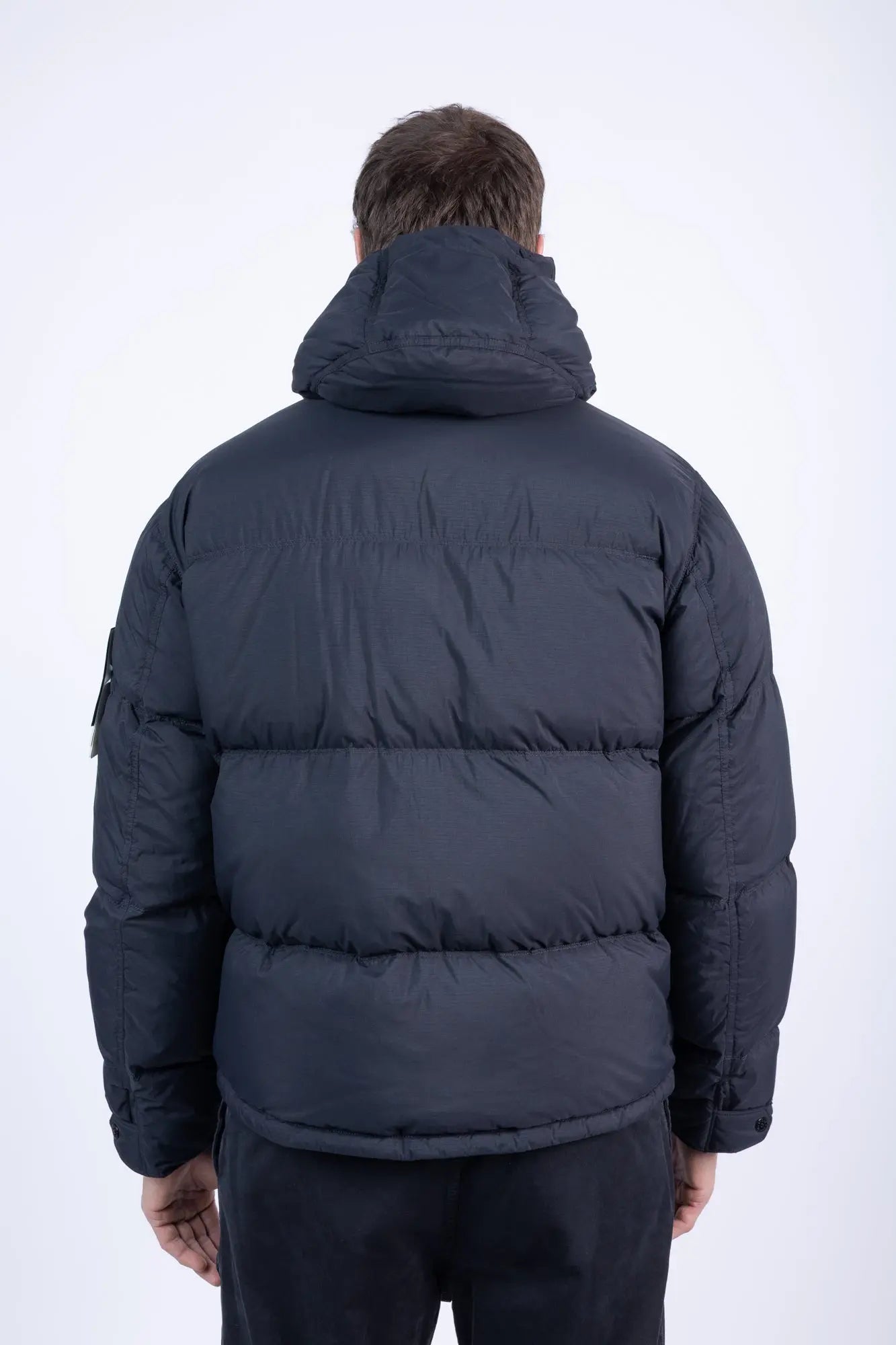 Stone Island, Mens Jacket, Black V0029, Down Padded, Full Zip, YKK Zippers, Side Pockets, Hooded, Hidden Pockets, Long Sleeves, Hood Drawcord Strings, Back Photo. 