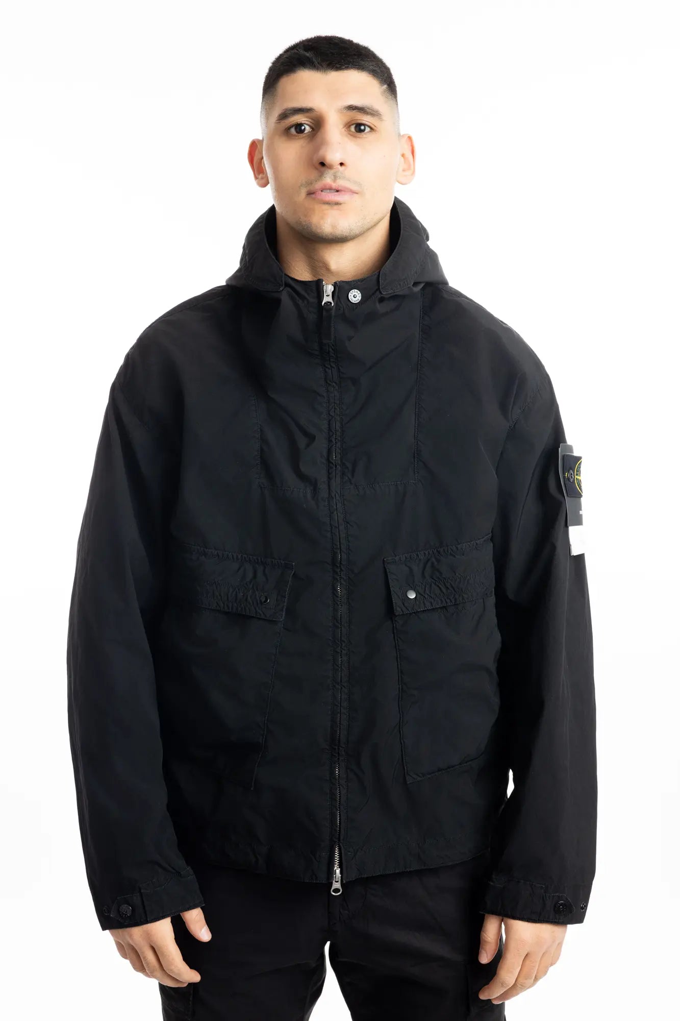 Stone Island, Mens Jacket, Black V0029, Hooded, Two-way zip, Compass Badge, Logo-patch, YKK Zippers, Bellows Pockets, Stone Island Snap Pockets, Adjustable Cuffs, Front Portrait. 