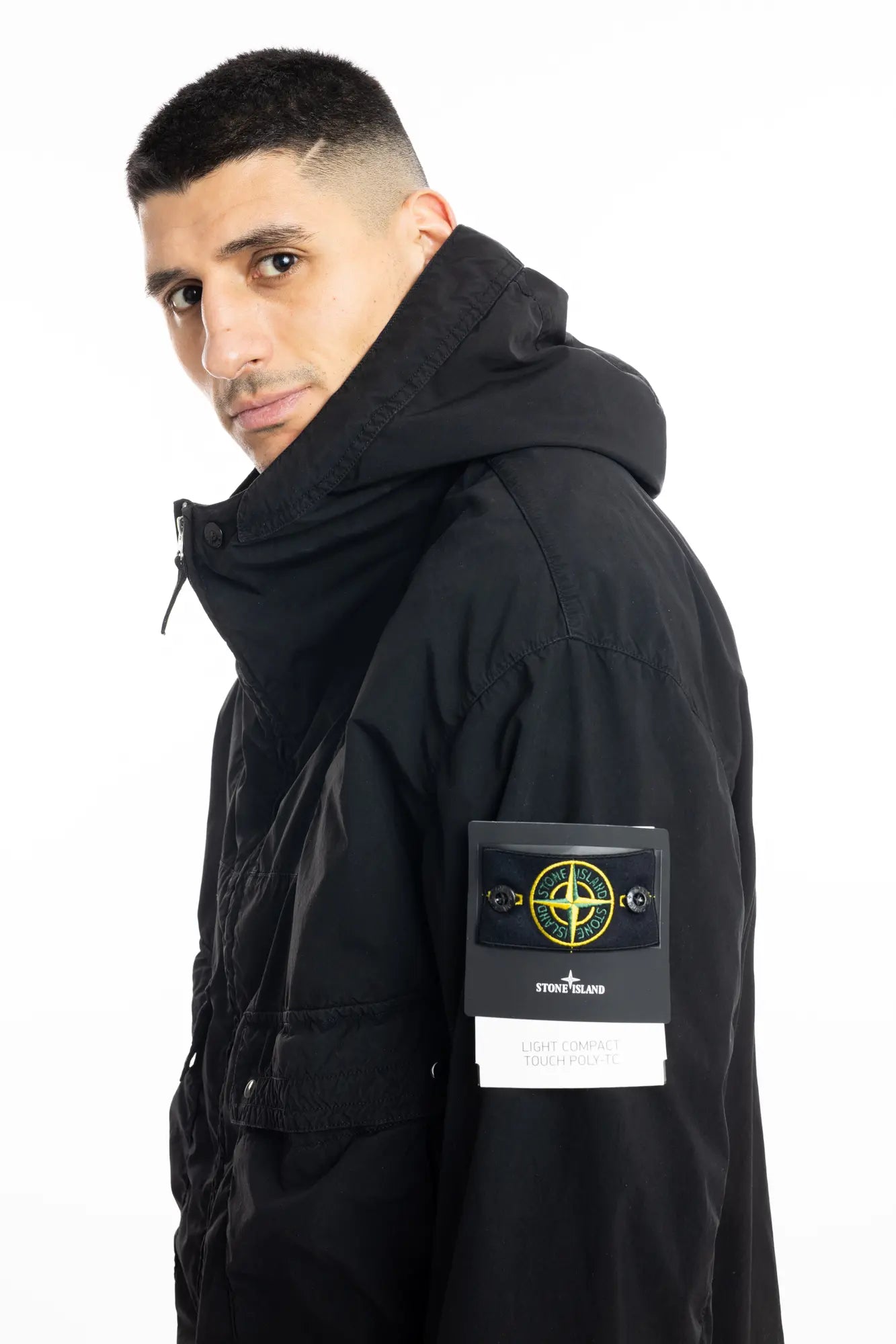 Stone Island, Mens Jacket, Black V0029, Hooded, Two-way zip, Compass Badge, Logo-patch, YKK Zippers, Bellows Pockets, Stone Island Snap Pockets, Adjustable Cuffs, Left Side View. 