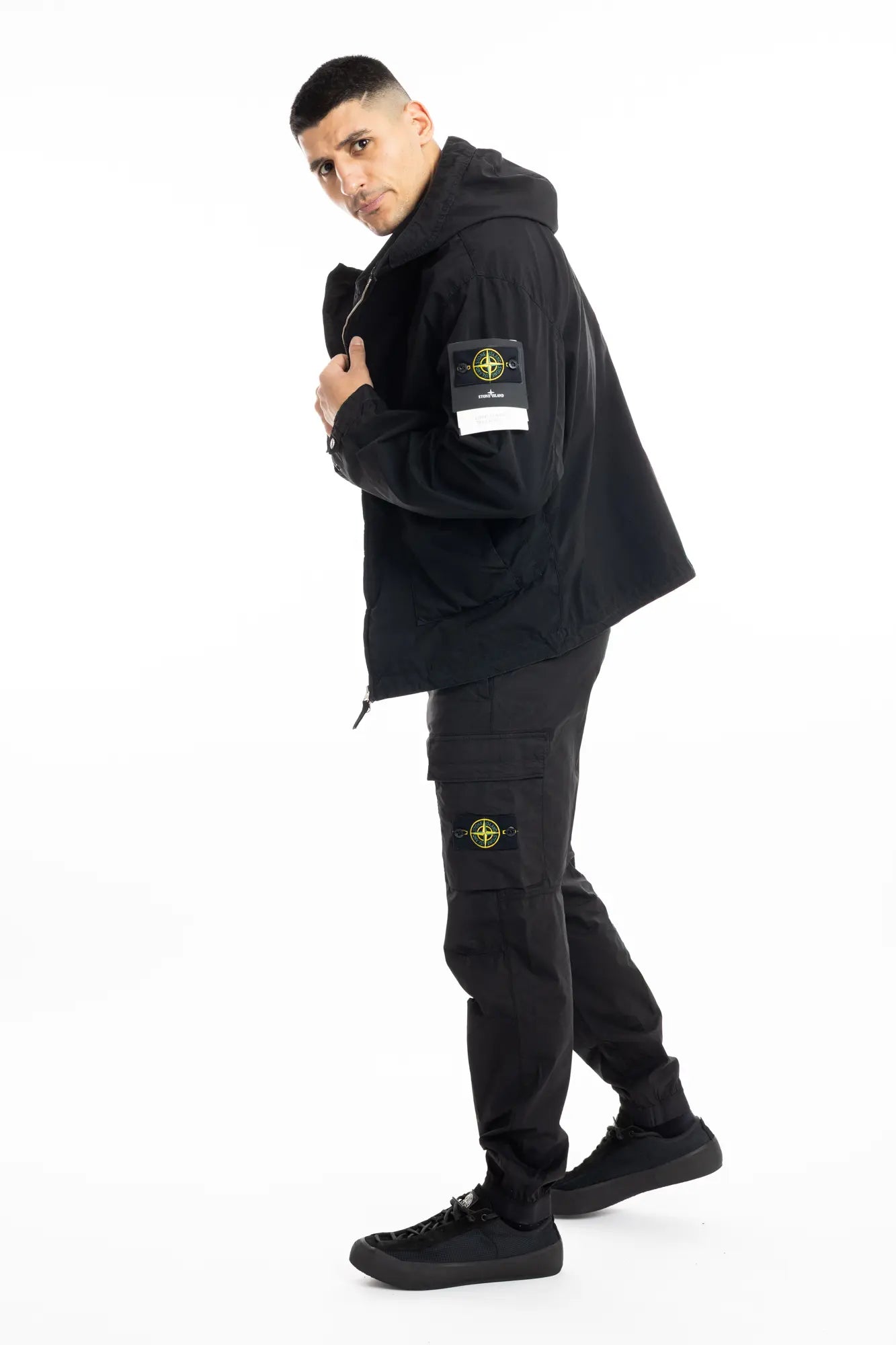 Stone Island, Mens Jacket, Black V0029, Hooded, Two-way zip, Compass Badge, Logo-patch, YKK Zippers, Bellows Pockets, Stone Island Snap Pockets, Adjustable Cuffs, Full Body in-motion Photo. 